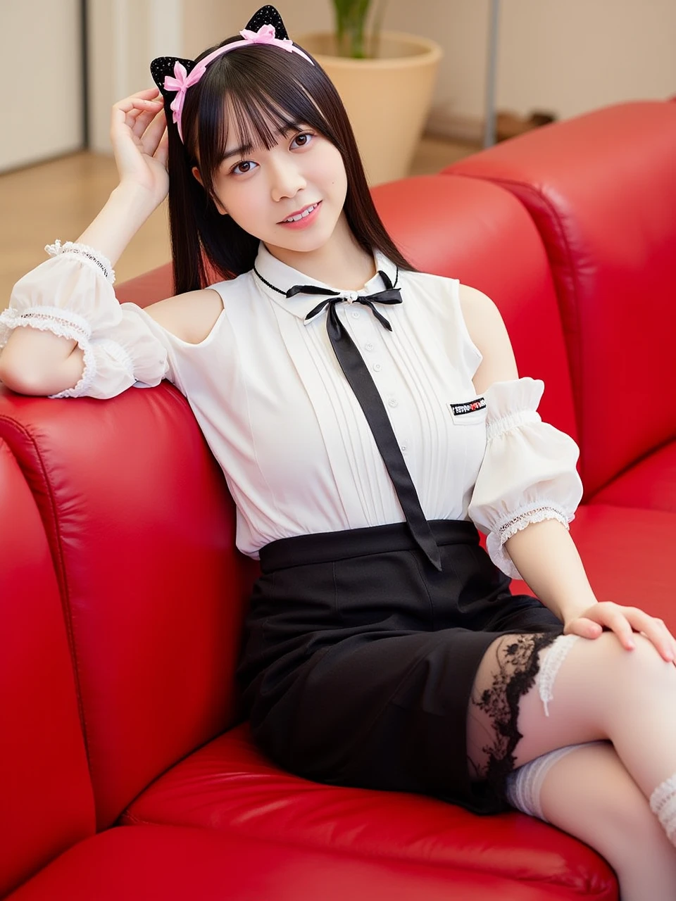 ((highest quality、8k、masterpiece:1.3)),((((cowboy shot)))),Ultra-high resolution,big eyes,Japanese,bangs,(a girl),(1 girl),((20 years old)),((facing at viewer)),(long hair),(((black school uniform))),((sitting on chair)),(((open leg))),grin,(pleated mini skirt),((white floral pattern panty)),((skirt lift))