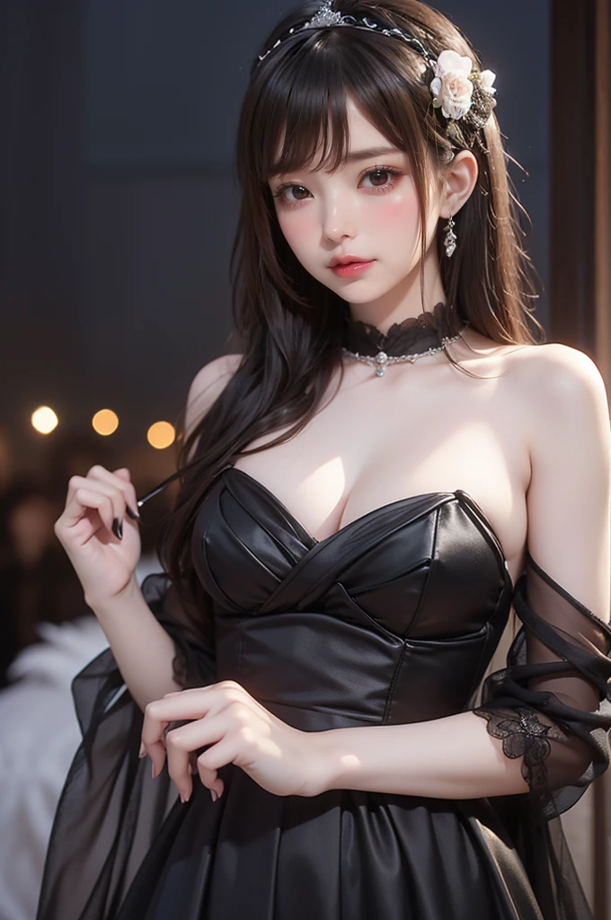 best quality、masterpiece、highres、resolution、photorealistic、4K、8K、tra-detailed、Japanese、attractive beauty、seductive adult woman、pretty woman、piercing eyes、cool girl、wavy hair、swept bangs、Long Black and Gold Cheongsam、wide sleeves、Evil cadres、evil depravity、brainwash、mind control、lipstick、lip gloss、dark makeup、smirk、whisper in your ear、Evil expression、evil、hollow eyes,half-closed eyes、empty eyes、evil、church at night、vampire、succubus、vampire、Swear allegiance、sexy pose、hair ornaments、Charming, alluring, alluring, evil, seductive eyes, evil smile, exposed shoulders, exposed waist, exposed thighs