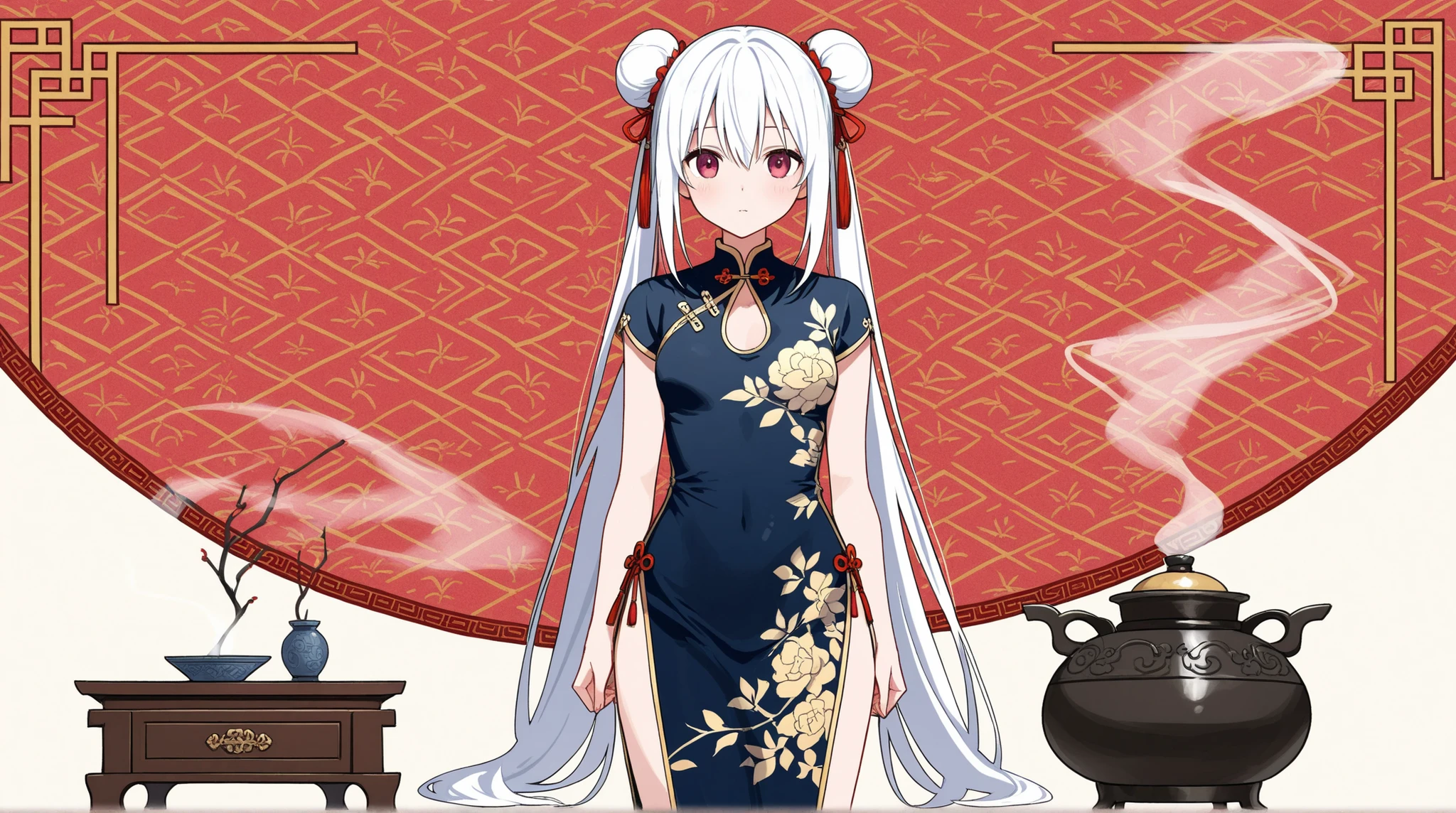 female, Bun Hair, china dress,    A large incense burner with a beautiful pattern, 