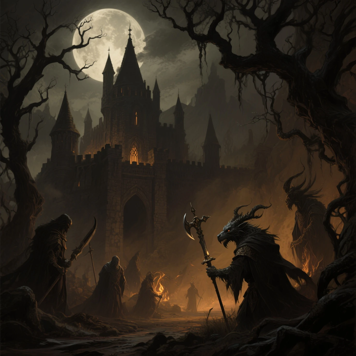 masterpiece, best quality, high resolution, 4k wallpaper, Shadow Isles, a murky landscape with several skulls strewn across the ground, paisagem de cor vermelha escura, demon skulls, demonio, noite escura, Castles in the background in darkness, horror art, creep, dark fantasy, ocultismo, decadence