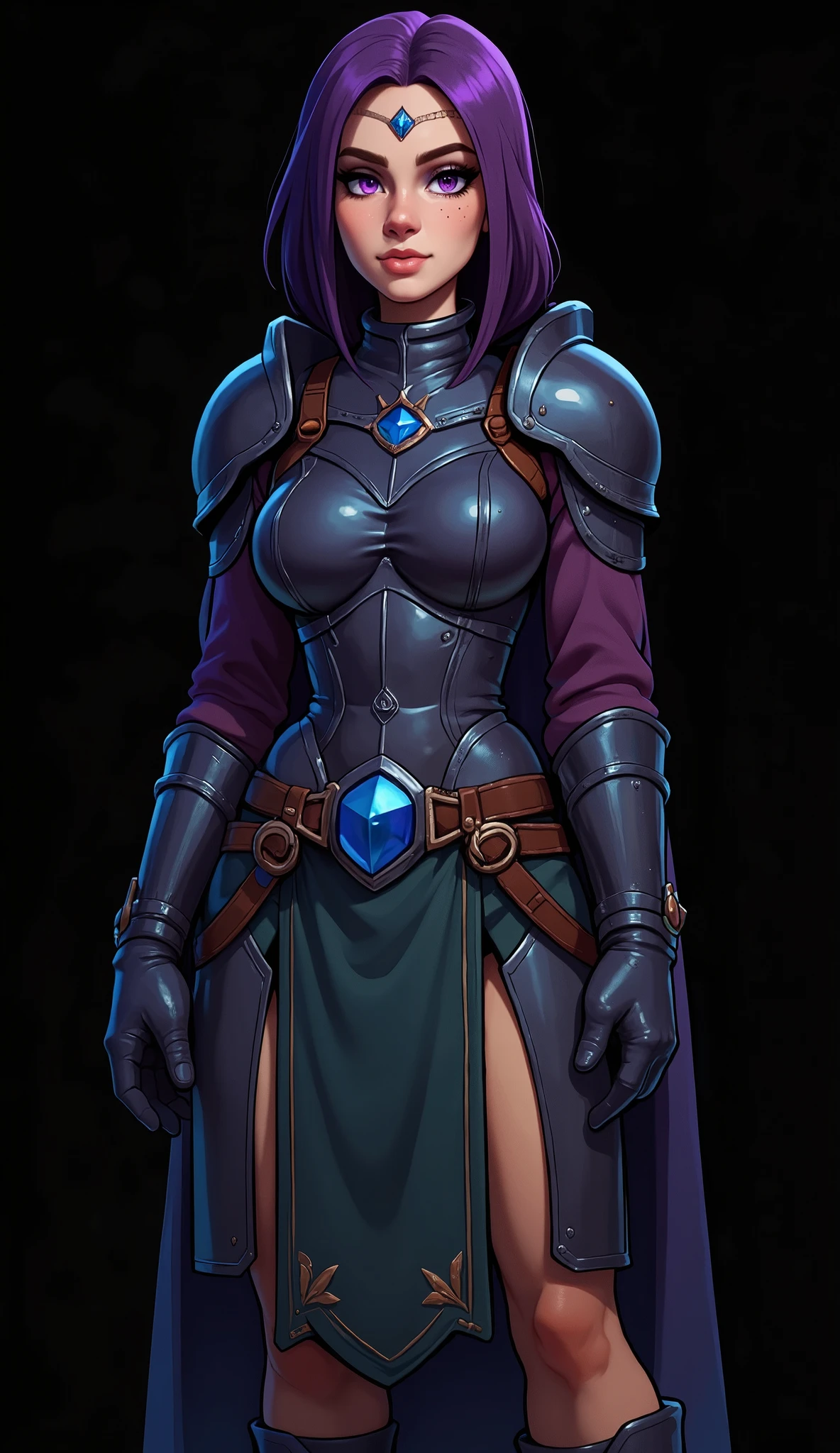 cflxcrtn3, ((realistic sweater)), best quality, 4k, extremely detailed, Masterpiece, (((cute arcane knight girl))), TANNED SKIN, straight flowing hair, dark purple hair, (dark purple metal armor, Plate gloves, dark green tiled skirt,pelvic curtain,  dark blue shoulder pads ), ((muscles)), big breasts, thin waist, curvy hips, (natalie portman's face:1.4, big eyes, big plump lips, small straight nose), ((thin V-shaped muzzle)), (((blue sapphire on forehead))), medieval fantasy, (((  black background)))

