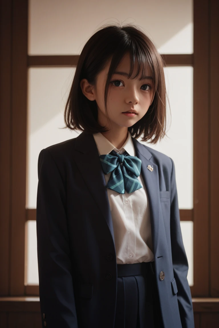 One Woman、((Standing wearing a blazer and miniskirt school uniform))、Primary school students,((small breasts)),Highest quality、Very delicate and beautiful、((Very short bangs))、((Bangs))、明るいつやのある茶色の髪のHighest quality、Very delicate and beautiful、((Very short bangs))、((blunt bangs))、Light shiny brown hair、The hair is light、((Short Bob))、Cute face、Young face、Cute like an idol、Are thin、Slim figure、slender、Short、 body type、((The background is the elementary school yard.))、Thighs、Shooting from the side、profile、
