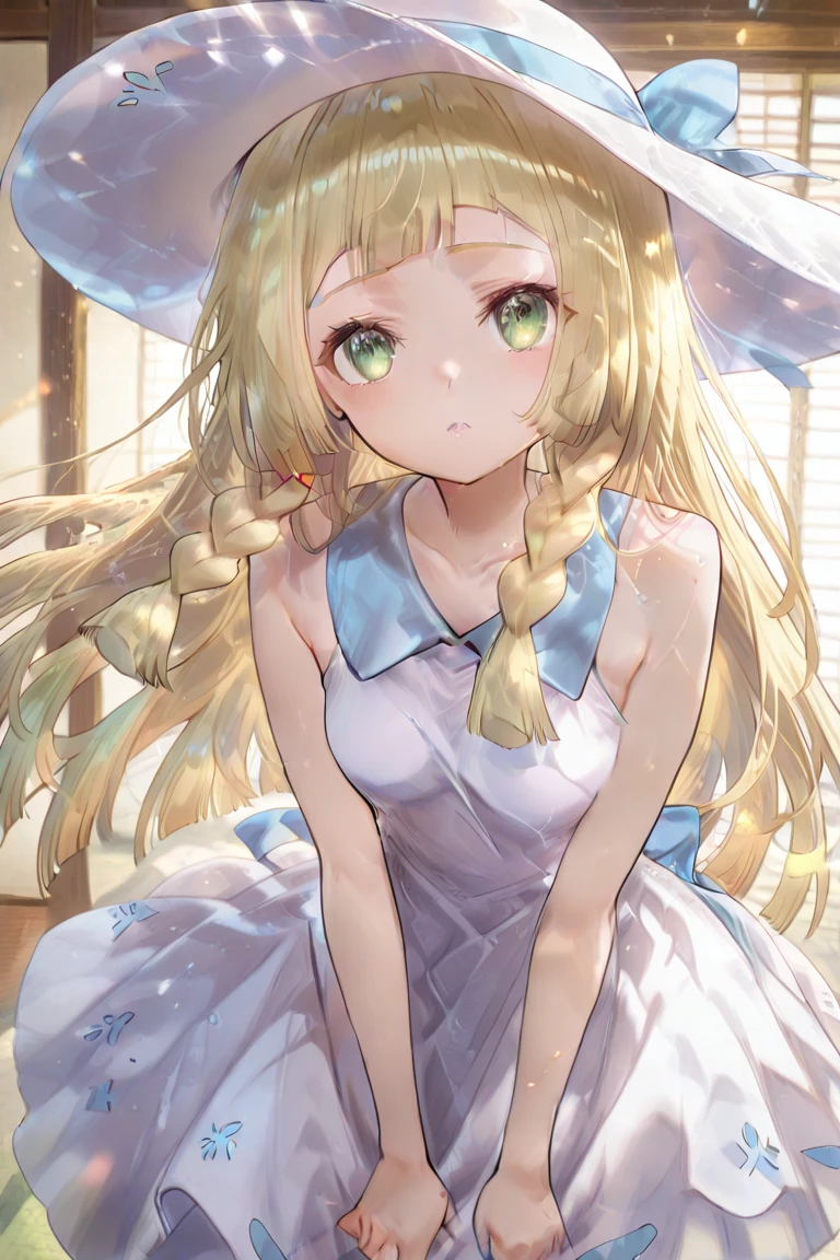 (muste piece), (best quality), (score_9, score_8_up, score_7_up), very detailed eyes, expressive eyes, perfect face, very detailed face, highly detailed face, beautiful girl, 8K, beautiful girl, white background, delicate and beautiful face and eyes, dark intense shadow,
1 girl, vtuber style, cool girl, hololive, vtuber, rurudo_lion, blond lion ears, blond lion tail, blond straight hair, blond eyes, hair between eyes, see-through:white ????????, sleeveless dress, suspender dress, dress bow, skirt_lift, underpants, cameltoe, small chest, clavicle, shy expression, blush, (full body), straw hat, naked thighs, sandals, standing, sweating, wind blowing, from below, pov crotch,