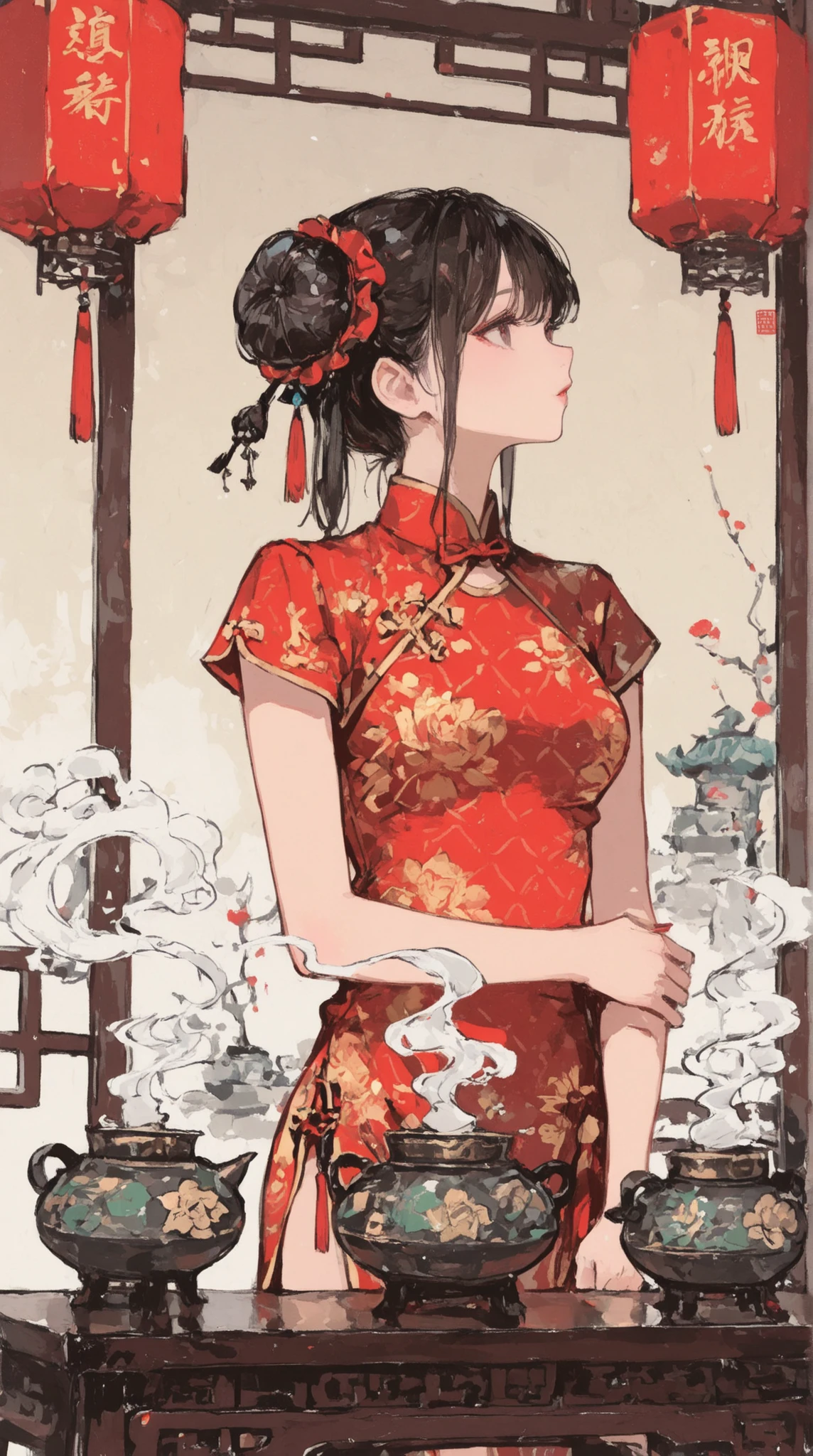 female, Bun Hair, china dress, A large incense burner with a beautiful pattern,