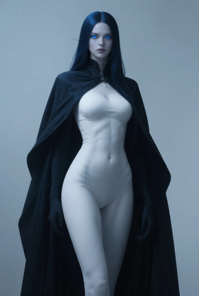 8K, Top Quality, Intricate Details, Ultra Detail, Ultra High Resolution, Masterpiece, full body,  close up shot ,Slender, skinny, slim, Smile, (Makeup: 0.4), (Fluffy Blue Eyes: 1.21), blue Eyes, looking at viewer, (()), 1girl, solo, 1 girl, (( full body)), , , ((tall)), (((fit body))), (((slim face))), sharp face, sharp eyes, (((light blue hair, )) , (detailed face), sharp face, small lips,standing, spread leg , , , ,
 (( )), ((, naked , black cape)),  detailed face, detailed breast, , large breast, detail ass, , Beautiful girl with accentuated slender abs: 1.4, Six Pack Abs: 1.4, Bust Botox, Big, Perfect Body, detail leg, (( dark background)), black background, full body,