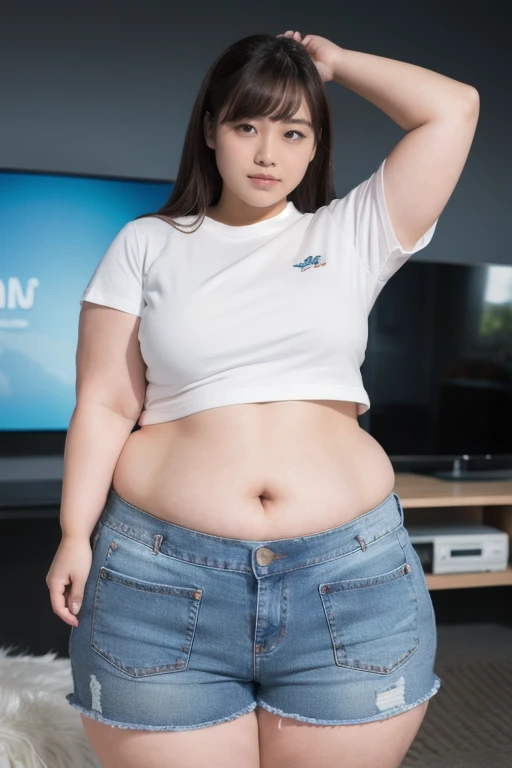 (indigo buruma:1.1), white t-shirts, 
shirt lift, 1girl pulls up her shirt and shows her nipples, 
(no navel:1.3), (full body portrait:1.2), masterpiece, (in focus:1.1), ultra high res, 8k, RAW photo, best quality, detailed shadow, amazing, finely detail, (Volumetric lighting:1.4), realistic, 

BREAK 1 girl, no navel, show off nipples, 
(shy smile:1.2), teeth, 
(blush:1.2), 
(huge breasts:1.1), 
(gigantic breasts:1.1), 
(huge hyper breasts:1.1), 
(huge soft belly:1.1), 
(curvy:1.1), 
(potbelly:1.1), 
(Overweight:1.1), 
(tremendously obese:1.1), 
(plump:1.1), 
(chubby:1.1), 
(bbw:1.1), 
(gigantic belly:1.1), 
(thick legs:1.1), 
(thick arms:1.2), 
(legs covered by fat rolls:1.0), 
(round face:1.2), (chubby cheeks:1.2), 
Japanese idol, 
(cute:1.2), 
(kawaii:1.2), 
(pretty:1.1), 
(sexy:1.1), 
(voluptuous:1.1), 
(erotic:1.1), 
seiko matsuda hair, 
