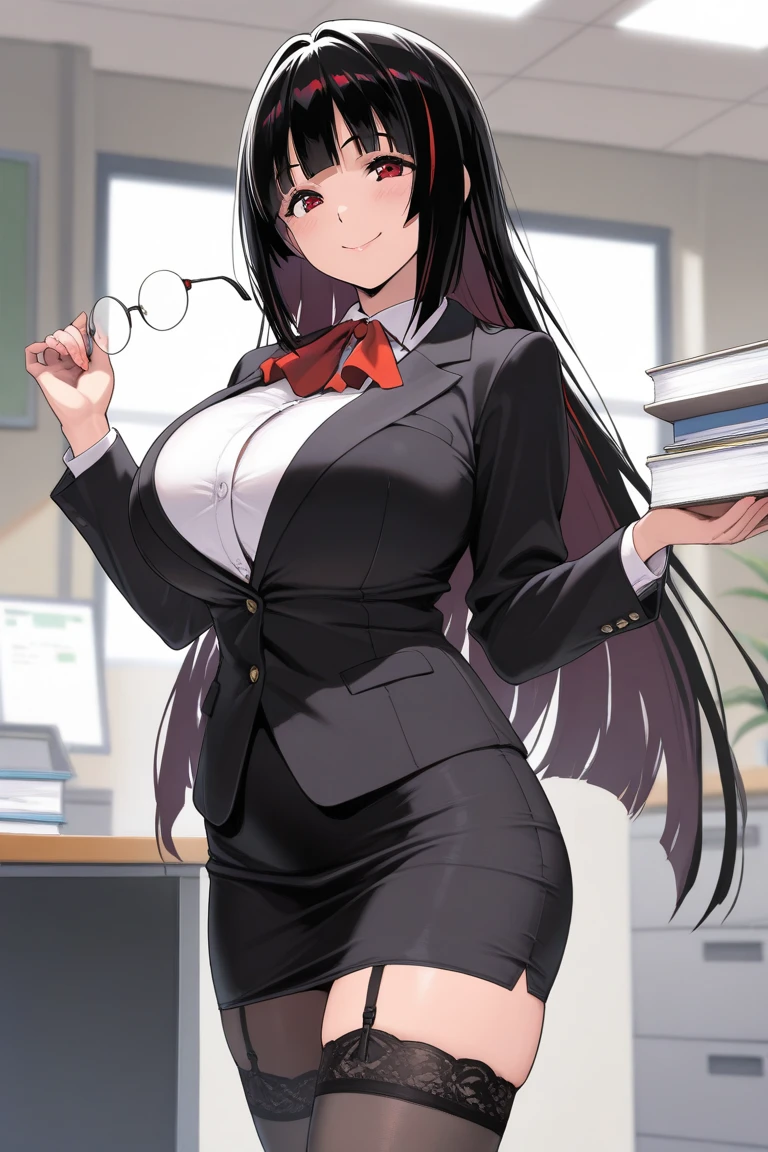 1 girl,black long hair,large breasts,black suit,red eyes,wide hips,curvy,glasses,holding a folder with her right hand,entrance