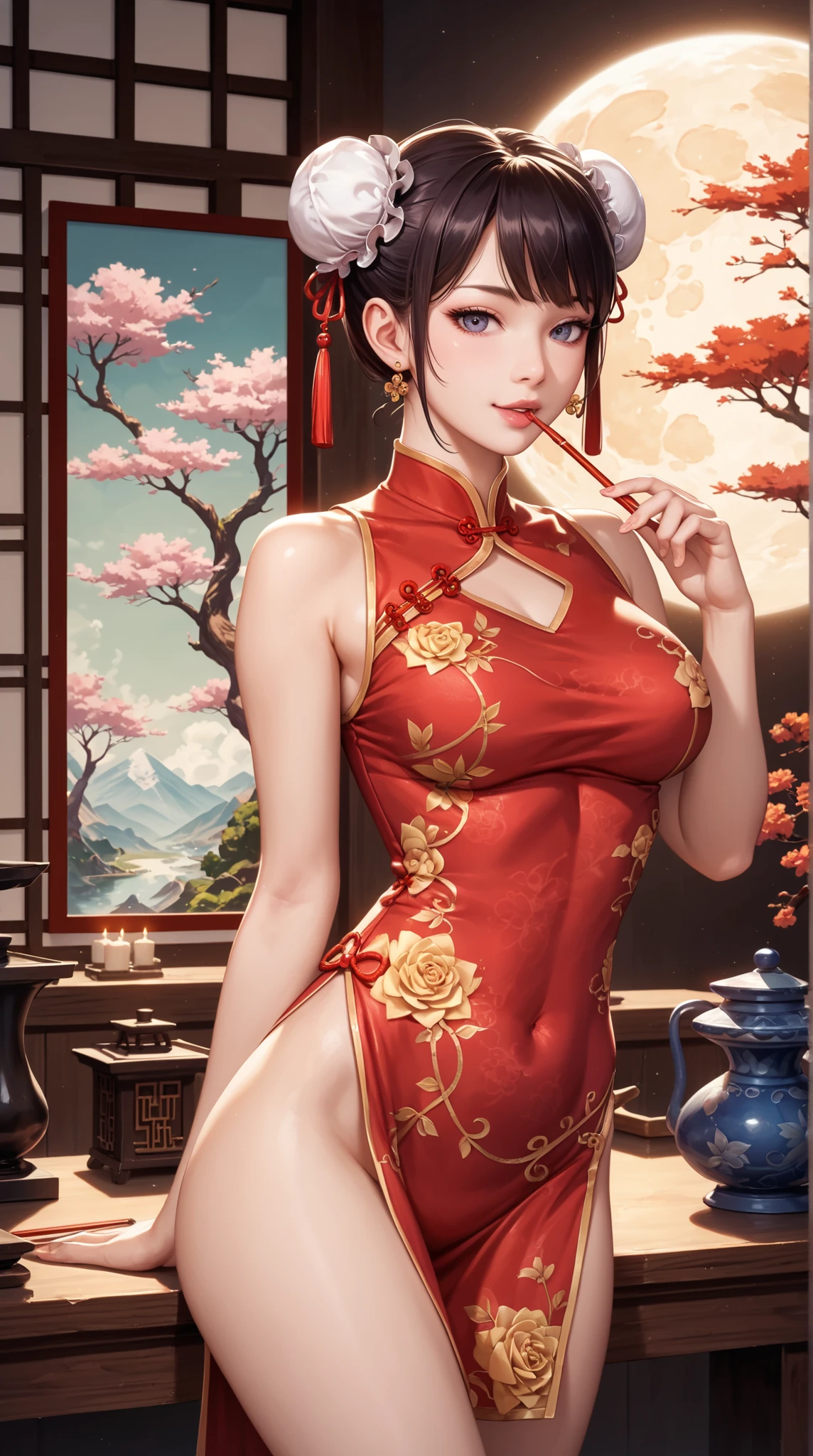 Surrealism, high detail, Light, Light线追踪, view, Shoot at eye level, super high quality, masterpiece, textured skin, 4k, best quality，girl wearing green cheongsam，Richly patterned cheongsam，Beautiful features and a bright smile，Wear hairpins，Colorful background，Full body image，Sunset，outdoor，Chinese style ancient background featuring plants and flowers