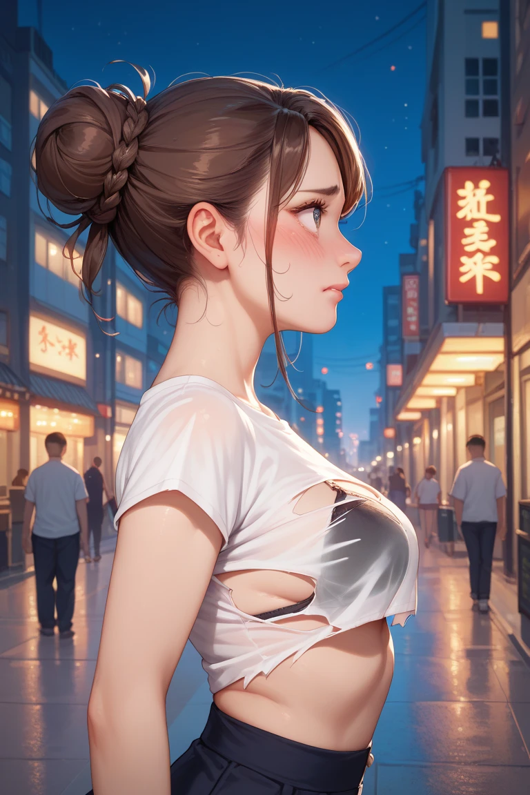 (best quality, masterpiece), 1girl, happy, underwear, standing, looking at viewer, blurry background, earrings, hair bun, night, china town,