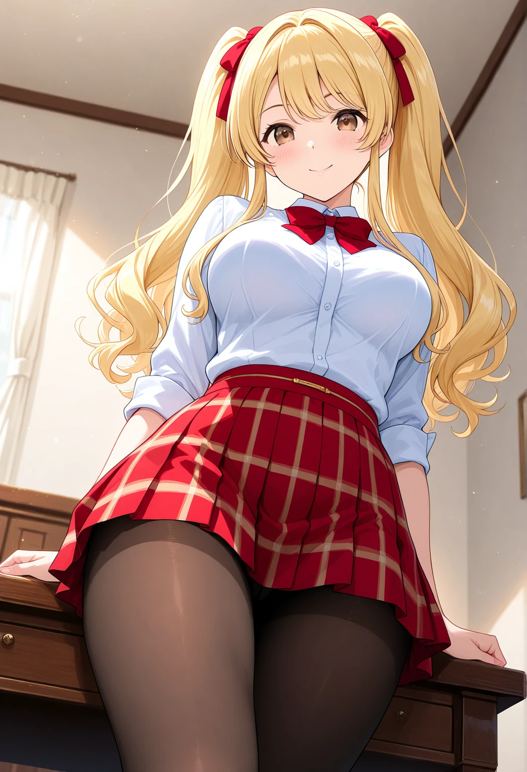 blonde, green eyes, ロングヘアー,blouse,red pleated skirt lift ,white side-tie panties,