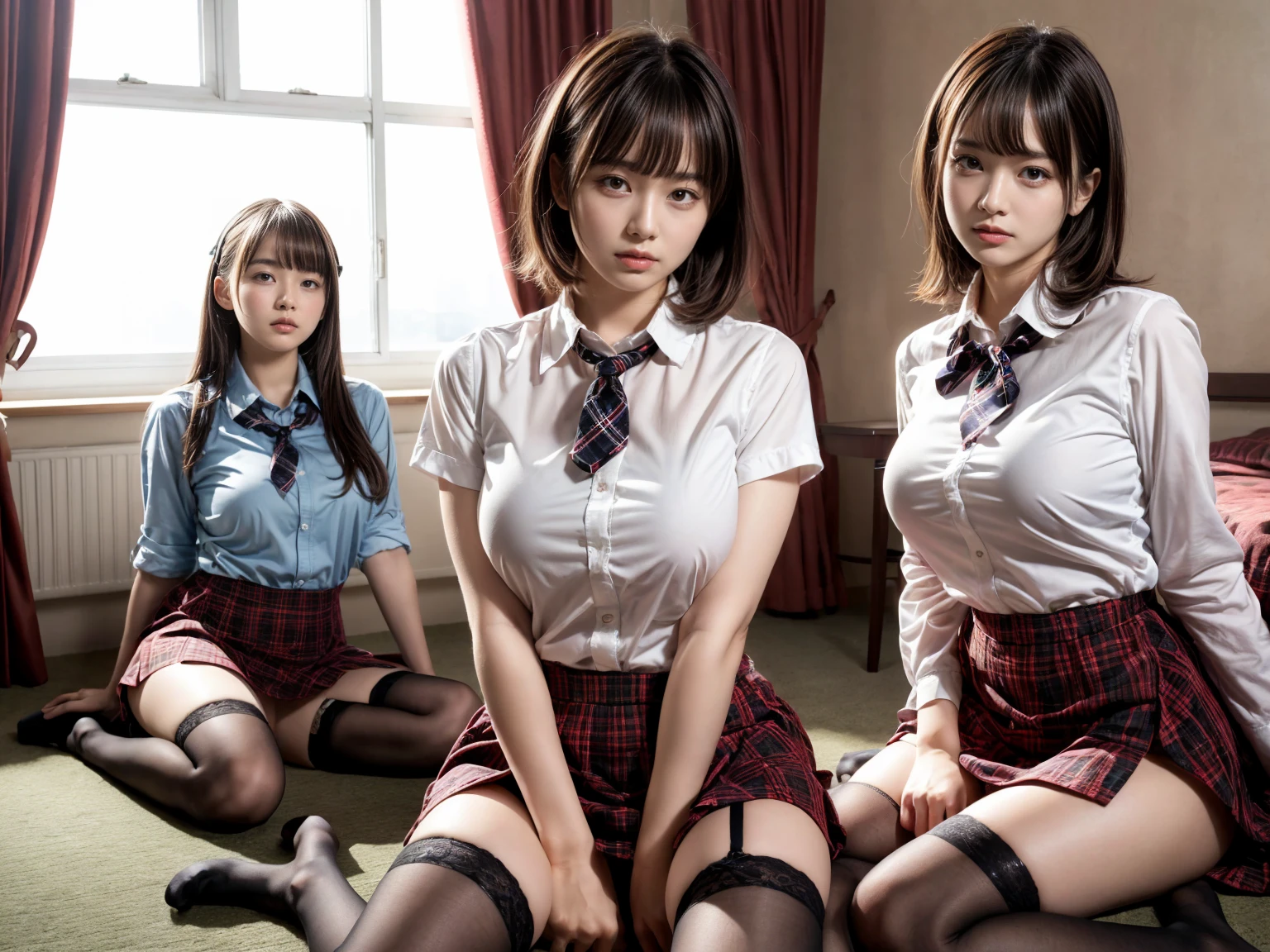 (8KOriginal photography、top-quality、Masseter muscle film:1.2)、ultra - detailed、Hyper-Resolution、(Realistic、real photograph:1.37)、Potrat、High Definition RAW Color Photography、professional photoshooting、Very detailed and beautiful、The is very detailed、8KWallpaper Resource Network、Amazingly detailed、The file size is huge、offcial art、Highly detailed CG Unity 8KWallpapers、Very detailed beautiful girl、The facial details are particularly rich、extremely detailed eye、highlydetailed skin、extremely detailed finger、Highly detailed nose、very detailed mouth、perfect anatomia、background for this、18 years old、10 generations、Cute little girl s、Realistic body、White-skinned、glistning skin、Handsome figure、A brunette one、kawaii、kawaii faces、lifelike face、Elaborate Eyes、looking at the camera in、frontage、thick tight、(Highly refined white skin)、Tecateca、embarrased face、Excited face、Muchimuchi、(seen from the front:1.2)、(Japanese high school girl:1.2)、(knees:1.3)、(((Lift up the skirt、Lift up the skirt with both hands,、Lift up your skirt yourself、I can see the white panties)))、In a dimly lit classroom、((squat movement:1.3))、((low angle shot:1.2))、((Wear black school socks))