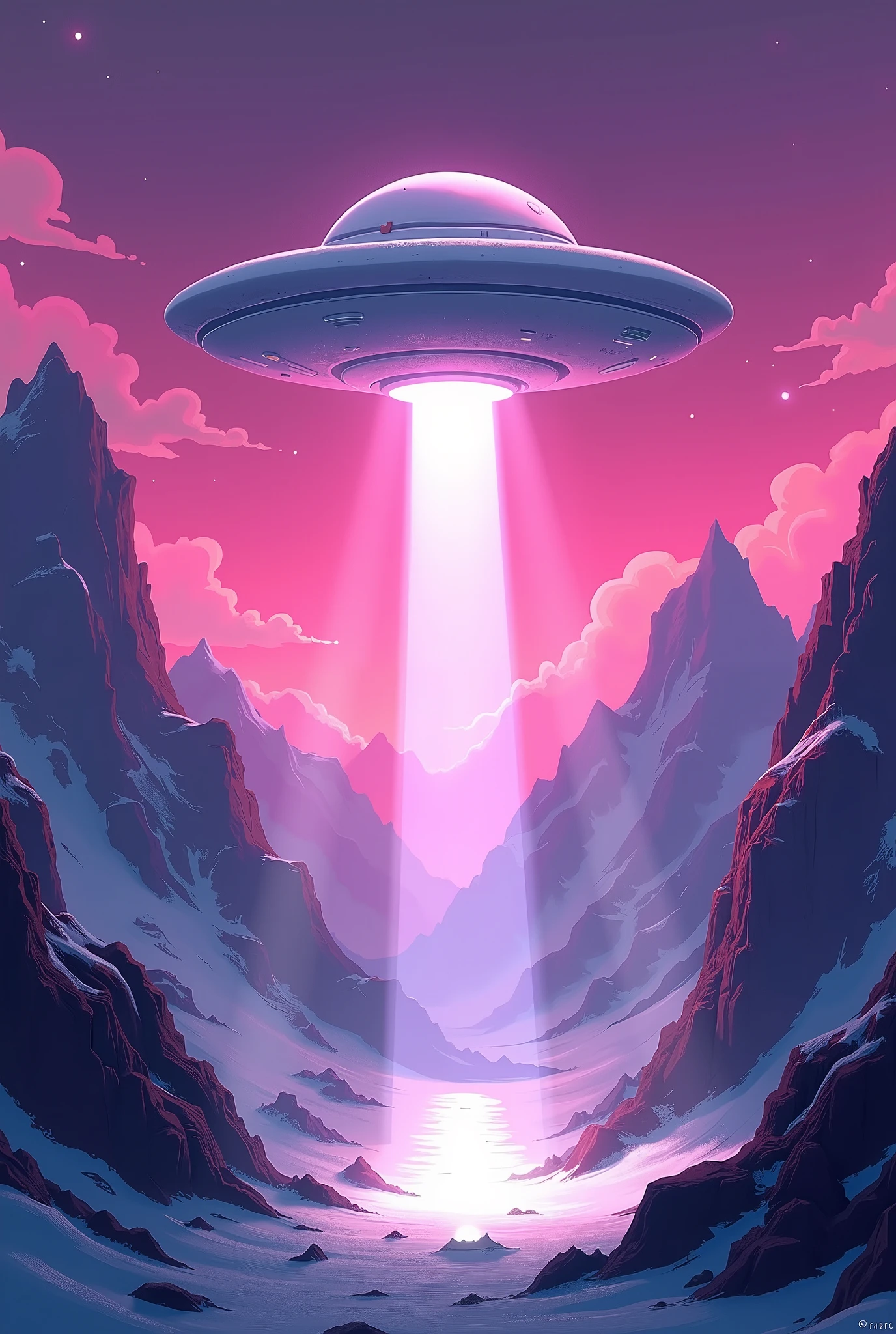 Ufo try land in mountains, with big white light, pink and purple and black colors, cartoon style, ufo is high up in middle, there is no one there, simmetrycal, center simmetrycal