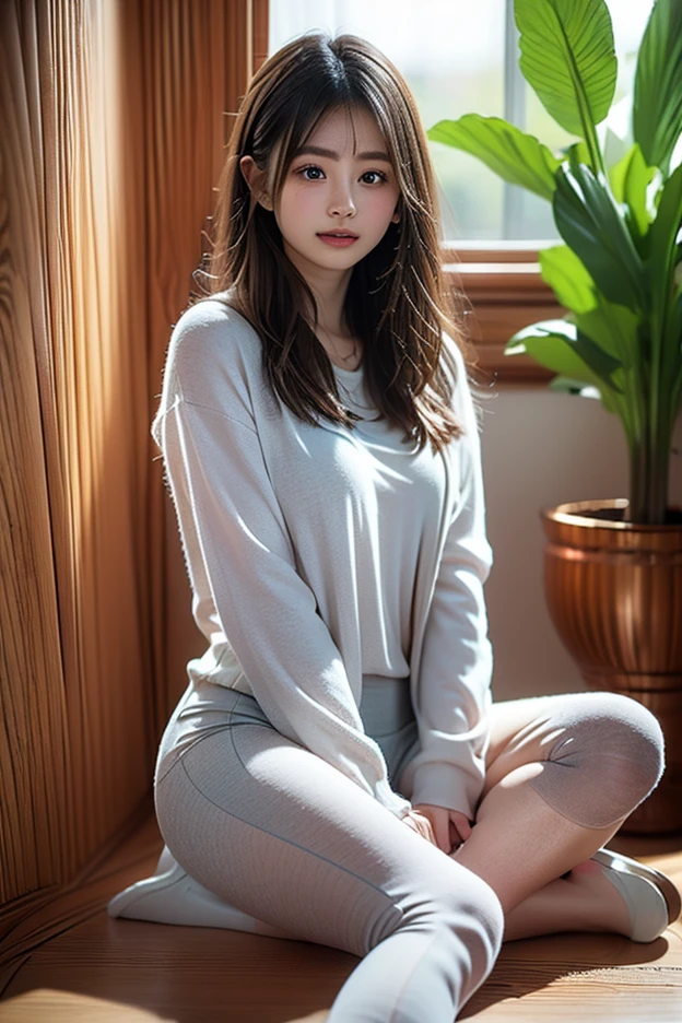 Beautuful Women、Top image quality、Professional photographer、​masterpiece、beige clothing、Sweaters、shortsleeves、Fashionable、inside in room、Relaxing、relax、Loose look、calm look、in a house、Lying on the sofa、Looking at me sleepily、Wearing pants