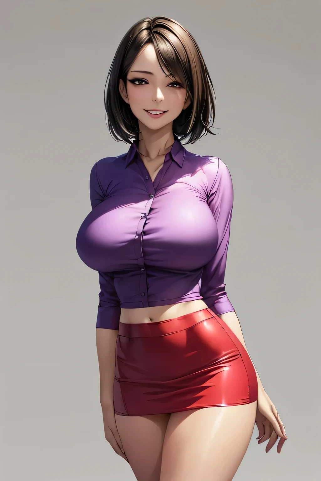 (1 The Ultimate Beautiful Mature Woman), Very detailedな顔, Beautiful brown eyes, double eyelid, Slightly thick detailed lip, Short black hair, (Light purple fancy blouse:1.2), (Red tight mini skirt:1.4), Light pink panties, ((Huge breasts:1.4)), A light smile, (close), Thighs Thighs, Perfect lighting, (Photorealistic:1.4), (Very detailed), (highest quality), (Best Shadow), (masterpiece), Ultra-high resolution, With background: ((Ginza Art Gallery, Tokyo))