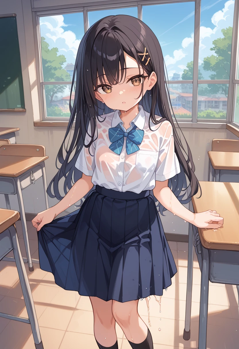 best quality,((((1girl)))),small breasts,((((:1.3)))))),curvy,orgasm,blush,sweat,black hair,long hair,hair ribbon,((white shirt,blue skirt:1.1)),mini skirt,classroom,lift skirt,upskirt,lace panties,white panties,white kneehighs,Tachibana Arisu,from behind