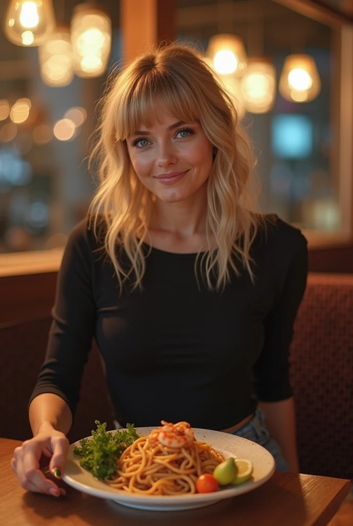 (full body shot), realistic photo of a blonde girl wearing t-shirt, bare shoulders, skirt, sitting in a diner, beautiful, detailed face, detailed, highres, realistic, photorealistic, full body, legs, matte skin, pores, wrinkles, skin texture, ultra high res, RAW, instagram LUT, ultra-detailed, cinematic light, side lighting, ultra high resolution, best shadow, RAW, 4k, ((masterpiece)), ((best quality)), ((intricately details)), ((ultra-realistic realism)),  Ridiculous res,  ((highly detailed)), 

detailed fingers, beautiful nose, beautiful thigh, beautiful eyes,
warm hue, warm tone: 1.2, hayley williams, happy, cheerful, tempted smile