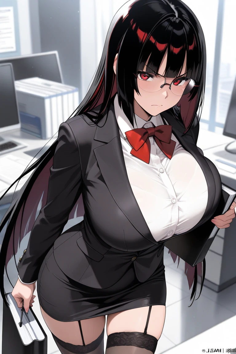 juri han, work of art, tight white secretary shirt with black tie, black high waist skirt, short skirt,stocking, black hair, black tights, smile,office,franja nos olhos,iluminação,chifre de cabelos,visão de cima,olhando para cima
