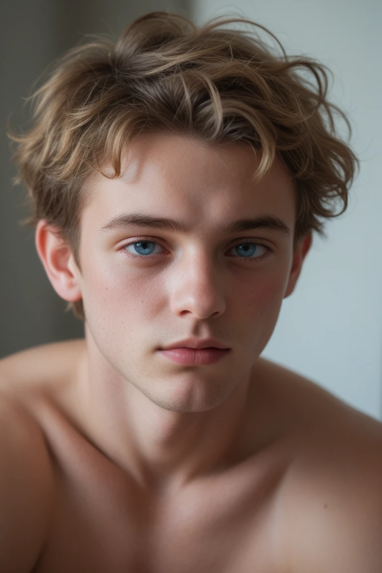A very attractive boy, 19 years old, quite strong and defined body, curly redhead, with hair a little long, blue eyes with greenish tones, very white pale skin, with freckles all over his face, thick eyebrows, marked jaw, slanted eyes with eyes