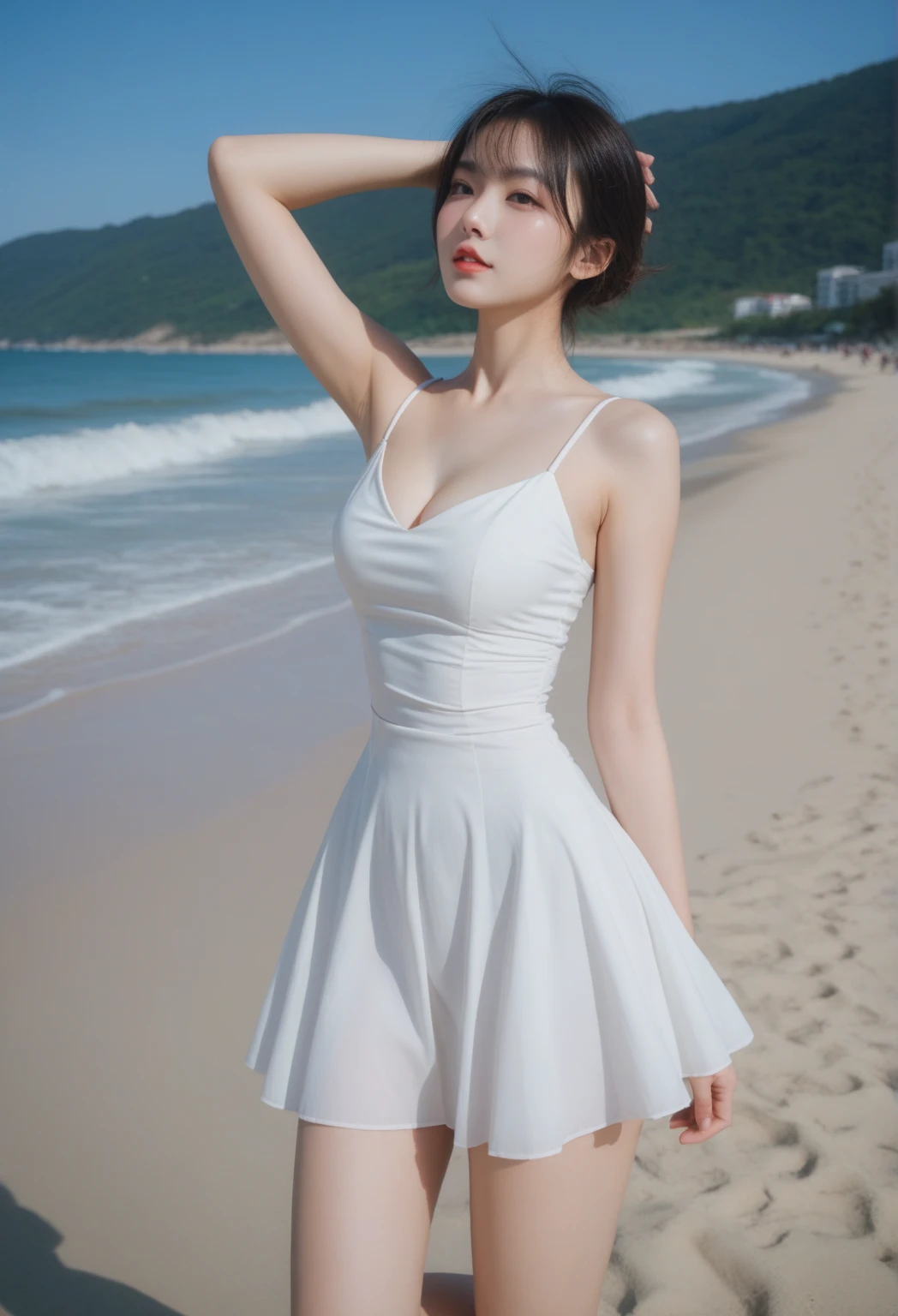 small skirt, ((bare shoulders)), ((whole body)), actual, fashion girl, red lips, mature women, cosmetics, big eyes, beautiful eyes, ((whole body)), ((from below)), (best quality, masterpiece:1.2), Super detailed, (actual:1.37), ((Sexy long legs)), beautiful, young and energetic, Charming model with, big breasts, cleavage, (delicate eyes, Detailed lips, extremely delicate eyes), show a bright smile, Create stunning girl images, Warm colors, Extremely high color saturation, official art, Extremely detailed CG unified 8k wallpaper,(high dynamic range :1.4), (cinematic),(pastel colors, dull color, soothing tone :1.3), (natural skin texture, ultra-actual, soft light, sharp),(Very detailed), night, moonlight, ((in the mountains, plant, Leaning against the rocks))