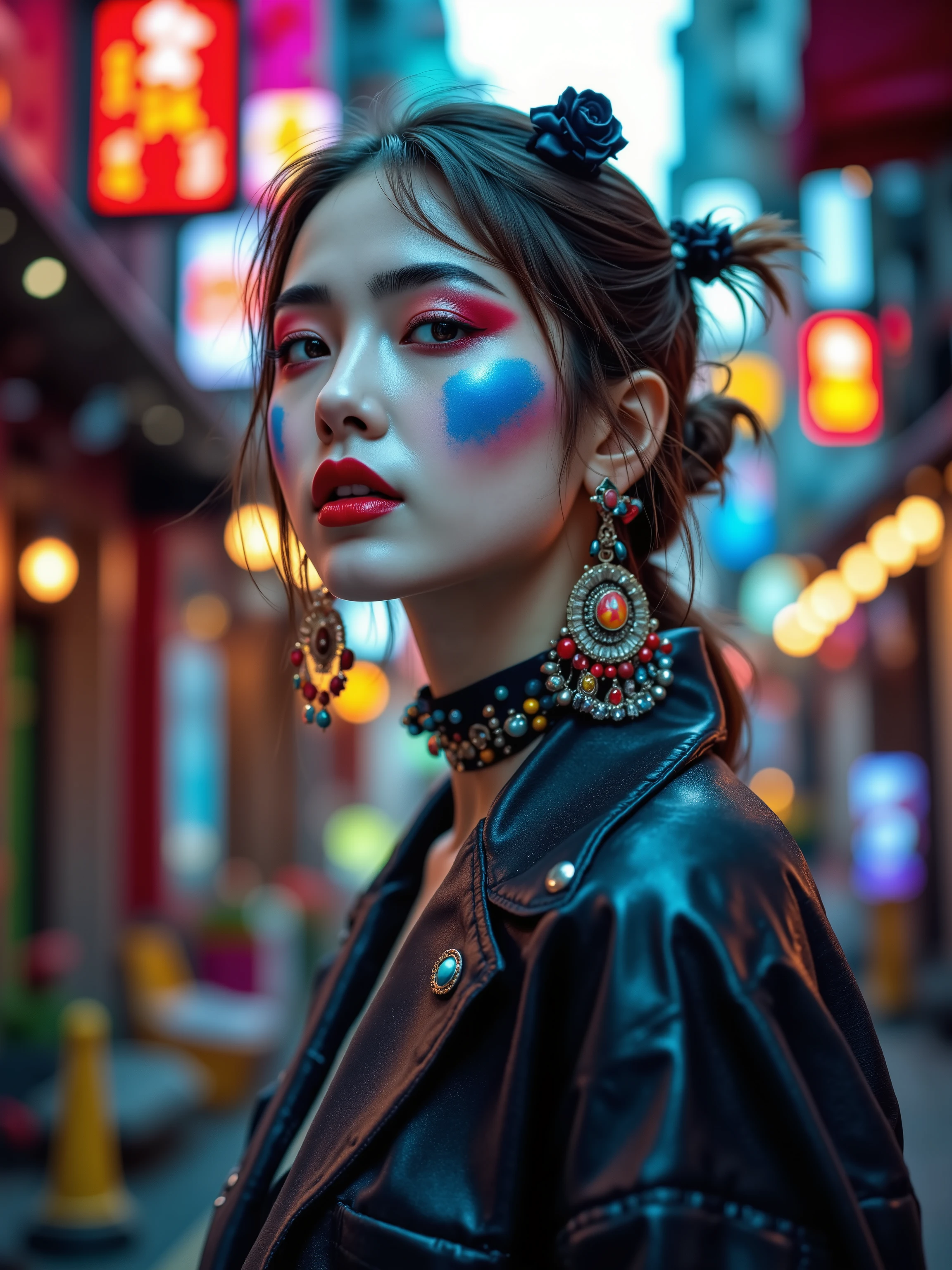 Photo art by Rankin and Peter Kemp. random unusual angle shot. Luxury Japanese Fashion model with eclectic jewelry and face paint, posted in a bold, half-turn stance with hands confidently clasped behind her back, exuding defiance and provocation. Her edgy, avant-garde attire in style Harajuku Fashion, is fully adorned with intricate accessories, accentuating her striking features. shot against a richly detailed, cinematic Urban landscape background that amplifies ambiance, with Blurred lights and a play of shadows. Vibrant color palette in an unusually contrasting range, with bold contrasts and subtle nuances. Inspired by high-fashion photography Mark Seliger, image features impeccable composition, dynamic energy, and ultra-clear, Vogue sexy style, dramatic lighting, capturing the model's essence with unflinching intensity.