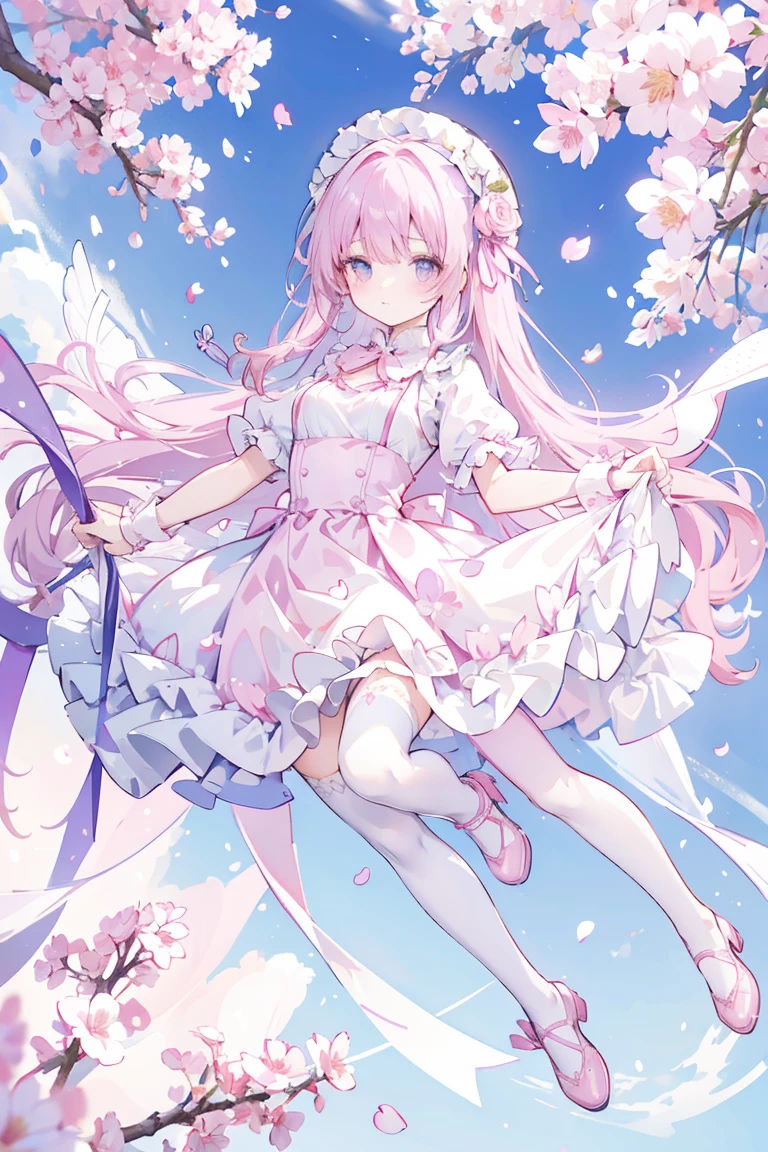 Pink hair, anime girl, long hair, cute girl, beautiful blue eyes, flower petals, pink tone, pale skin, white dress, masterpiece, HD, 4K, pink wings, angel, rose, fantasy, butterfly