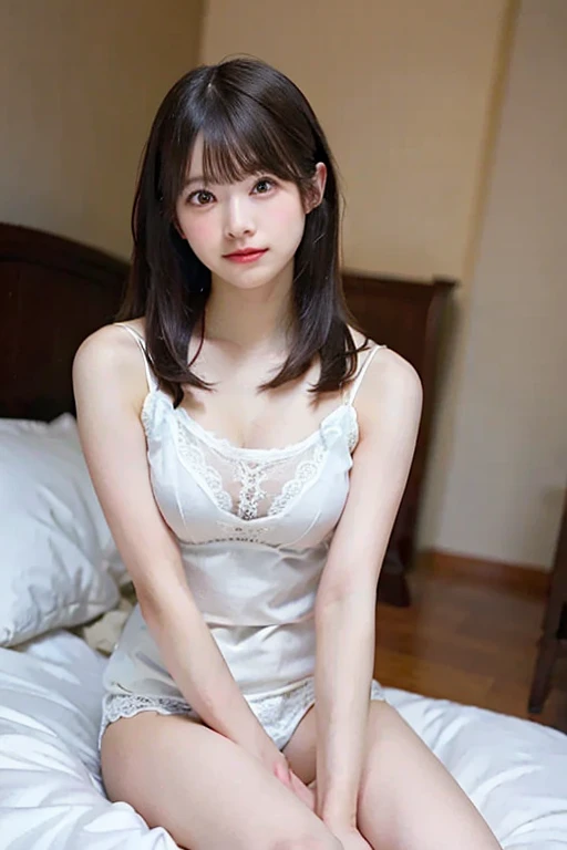 (highest quality:1.5)、(Real:1.5)、(1 person:1.5)、Wearing a dress and looking up at the camera、Oblique angle from above、(Very detailed)、(High resolution)、8k、Small breasts、Natural color lip、Cute smile、Japanese women、20 year old girl、Thin eyebrows、Beautiful and elegant face、Cute face、Cute eyes、Large, balanced eyes、Big Eyes、Fair skin、Beautiful and elegant face、Natural Bangs、Beautiful and thin nose、 Beautiful Skin、Medium Bob Hair、Natural Bangs、Perfect and beautiful facial features、Slim face and figure、（With a cute expression）、（Bright lighting）、Professional Lighting、（Lighting from the front）、Adorable smile、cute、Slim Body、Simple Background、((Sitting on the bed, looking up))、(Wearing a lace dress, dark garter belt and knee-high stockings)、Beautiful cleavage、Slender Dresseicro mini skirt dress、