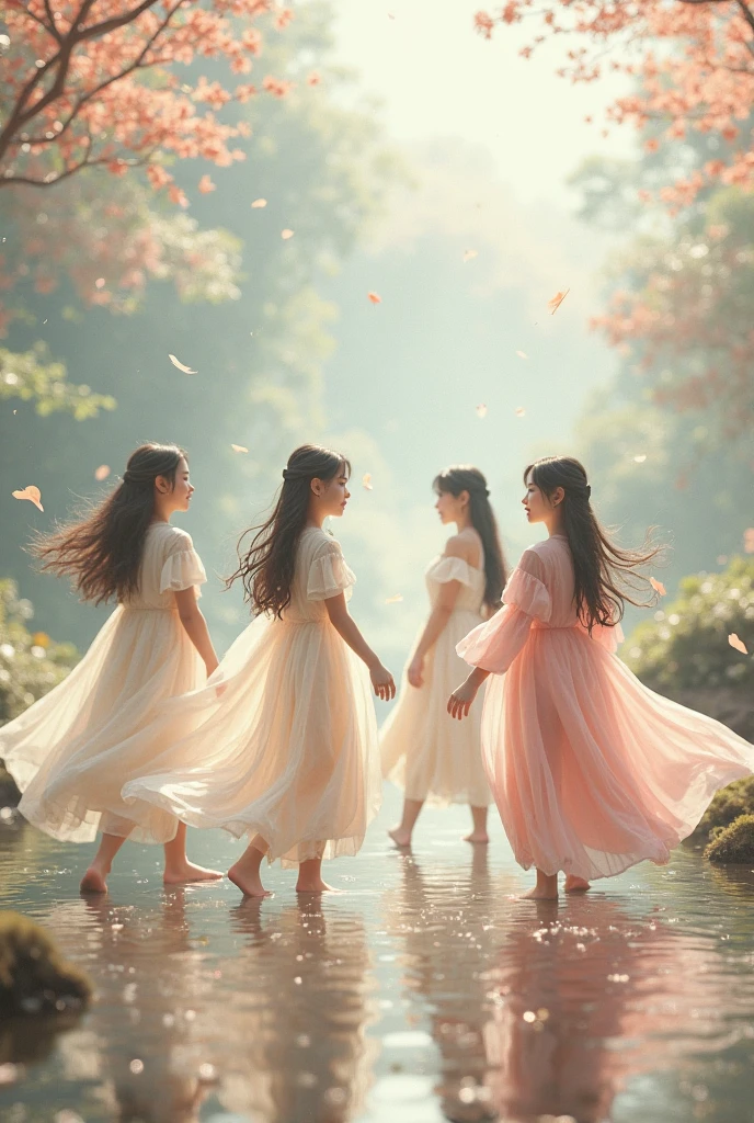 A group of little girls in floral dresses dance hand in hand together --auto --s2