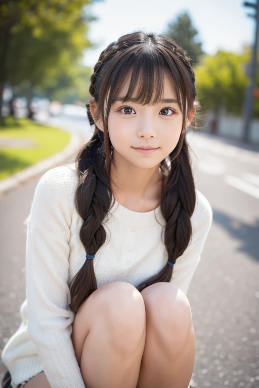 (masterpiece, Highest quality, 8K, High resolution),(Realistic skin texture, Perfect Face, Realistic, Perfect hands, Perfect finger count, Japanese, Girl), (12 years old), Big Eyes, Brown eyes, Light brown hair, bangs, Twin tails, hair accessory, Small face, Smile, ((Summer knitwear, mini skirt)), Are standing, Cute pose, Alley, Blue sky and clouds