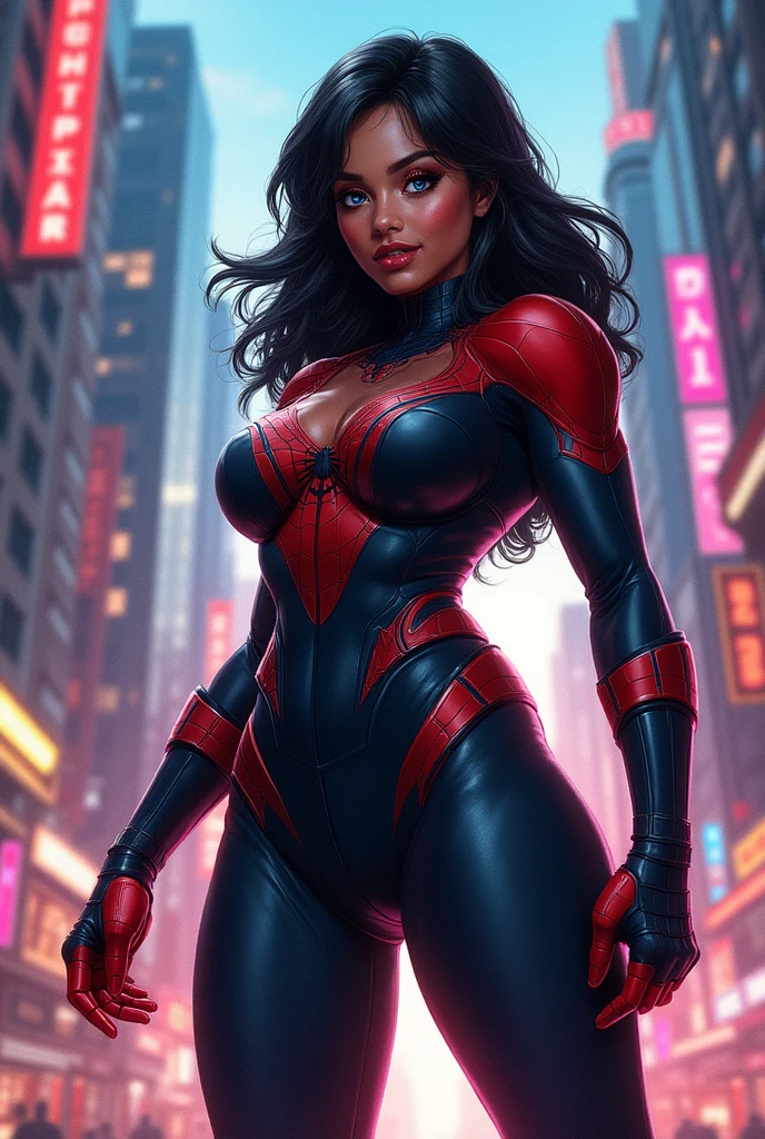 Adult Latina model Daisy Marie, topless, Sexy female dressed as Spider-Man, sexy with enormous tits, gorgeous face, beautiful, hourglass figure, highly detailed, masterpiece, 96k rendering, full moon in background, stars in sky, city lights, New York, nighttime, spider web, exsquisite MCU cinematic lighting, accurate real life face, perfect facial features, super long flowing brunette hair