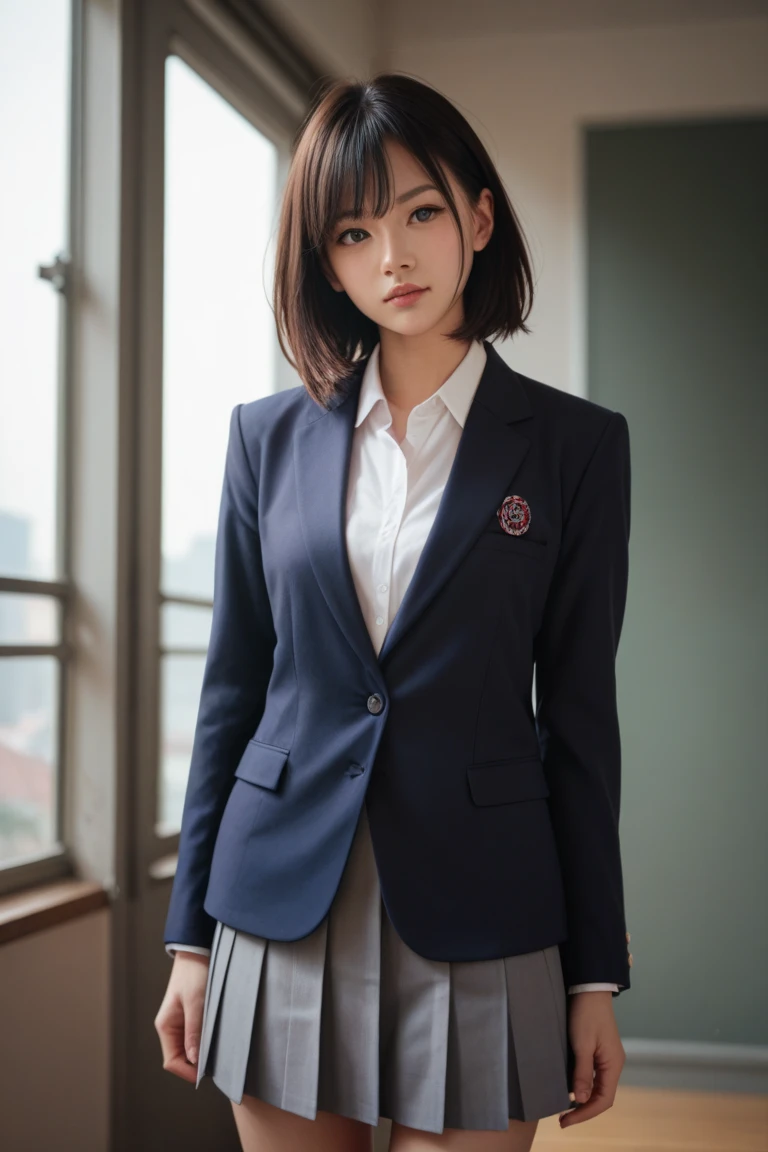 ((Best quality, 8k, Masterpiece:1.3, 1 girl, Beautiful girl)), High resolution, Cute, Dynamism, Detailed face, Detailed skin, Fine grain, Detailed lips, Realistic, RAW photo, Natural light, perfect anatomy, dynamic pose, round butt, toned legs, double eyelids, tear bags, round eyes, moist lips, mouth details, detailed tongue, Japanese girl, black hair, bangs, (wearing a blazer uniform),(wear a blazer skirt), indoors, detailed clothing, smile, long hair, ponytail, white bra, white lace panties, thin legs,high leg panties,sitting on a chair in the classroom.((open your legs))