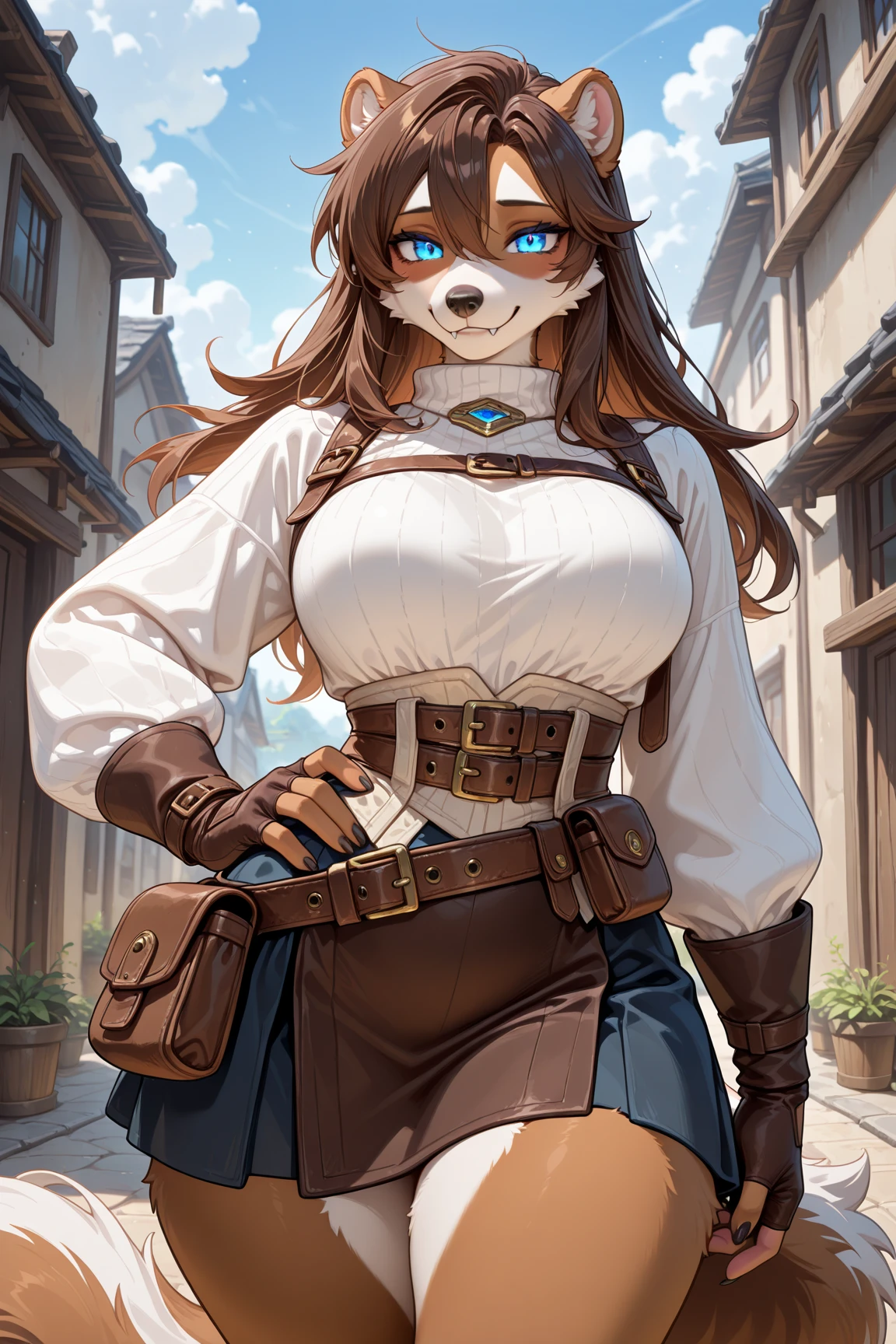 a steampunk [woman : [Amina Khalil | Iman El Deeb] :2], white shirt, vest, frilled skirt, utility belt, pantyhose, pouch, strap, buckle