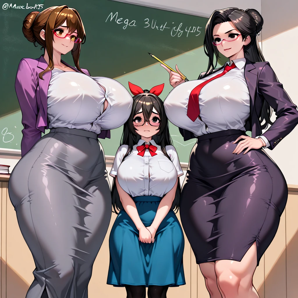 masterpiece, best quality, hight detail, 1 girl mini skirt in front of daughter in mini skirt, standing, glossy skin, cleavage big tits, stockings, perfect legs, high heels, in classroom