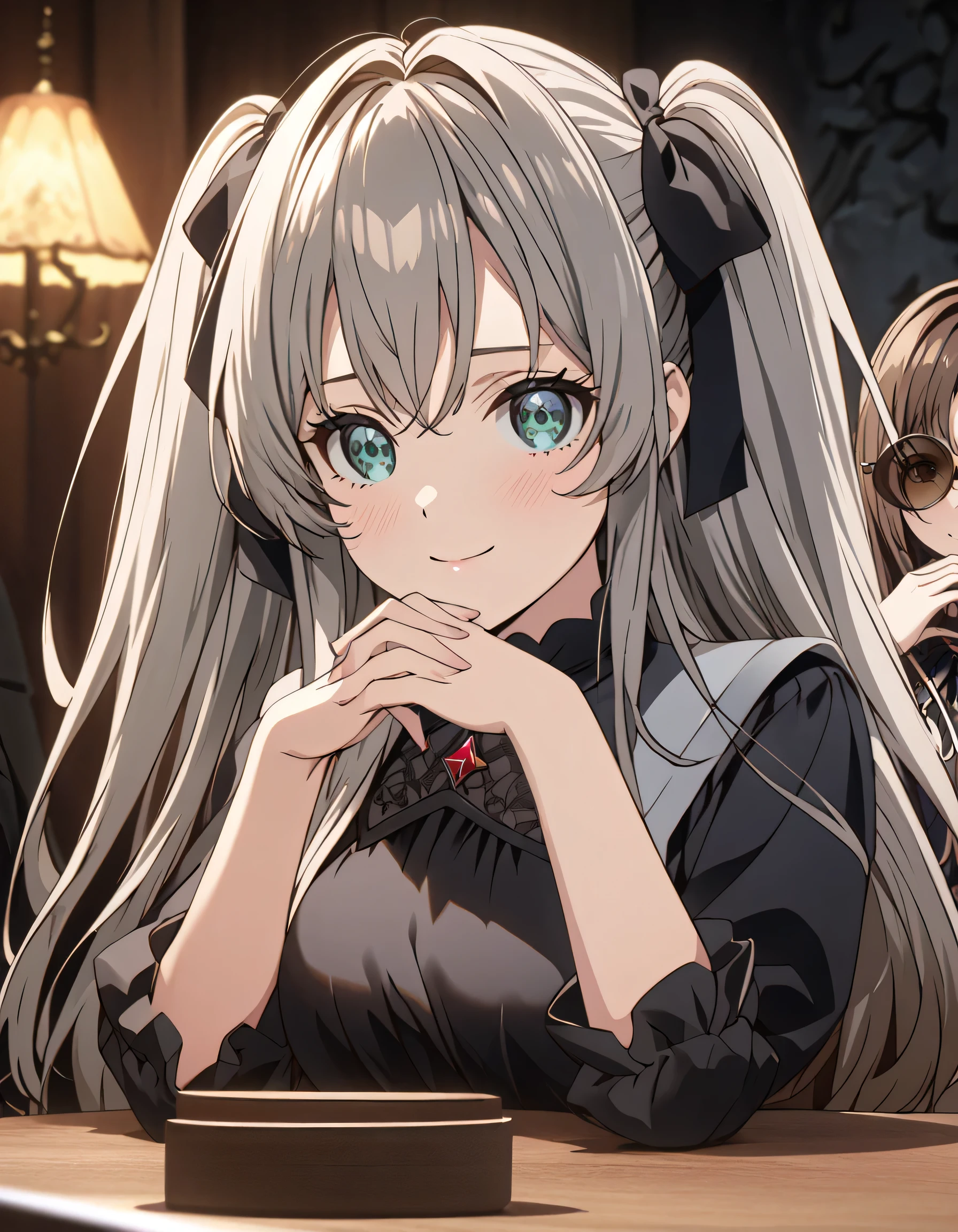 ((ultra-detailed)), (highly detailed CG illustration), (best quality:1.2), ultra-highly detailed, colorful composition, artistic photoshoot, 1girl, solo focus, upper body, moe anime character, girl, dainty facial structure, baby face, round face, rounded chin:1.2, ideal ratio body proportions, celia-default, celia claire, (oval sunglasses with dark brown lens color:1.3), silver hair color, two side up, hair ribbon with black, black semi formal dress with gold decorations, evil clever:1.3, serious:1.3, smug:1.2, open mouth, ample breasts, (The Gendo pose:1.3), (both elbows are on the table:1.2), (hands are clasped in front of mouth:1.3), sitting in a chair in a dimly lit room:1.3, from front, best quality, masterpiece, expecting, pink cheek, portrait, depth of field, soft lighting, caustics, ray tracing, perfect face, lustrous skin, highly detailed face, perfect face, perfect nose, perfect hair, perfect anatomy, beautiful hair, beautiful small face, extremely detailed face, beautiful detailed eyes, beautiful clavicle, beautiful body, beautiful huge breasts, leavage, breasts squeezed together, equalize the size of the left and right breasts, beautiful fingers, 4 fingers, 1 thumb, (very detailed background:1.0), (highly detailed background:1.0), gloomy aesthetic, intricate details, Secret Society atmosphere, gloomy colors palette, chromatic aberration