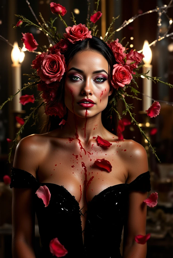 Photograph of a woman with long black hair, green eyes she is sitting naked on the floor leaning against a gray wall with her head down in a dark empty room she holds in her lap a large bouquet of red roses that cover her breasts she looks at the bouquet her skin shines light from above illuminates her body partially covered by the bouquet she holds, the image conveys the message of beauty and darkness photographic art.