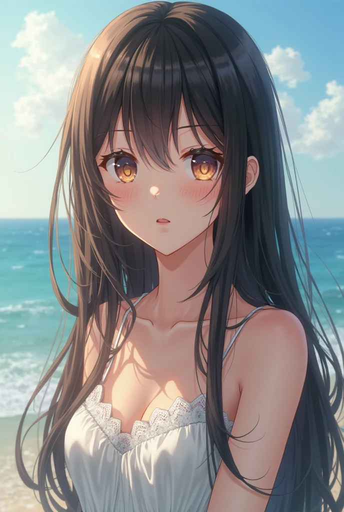 2 girls,hug,kiss,best quality, highres,Slender、(delicate:1.4)、brown eyes、tall、7 life size、black hair、long hair,straight hair、straight hair、Ocean、(Black bandeau bikini:1.4),gal、(flower hair ornament:1.4),cute、shyness