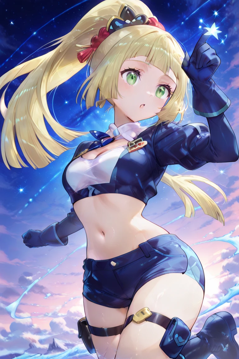 masterpiece,(ultra-detailed),1girl, mysterious heroine xx \(fate\), half_eyes,smile,open mouth, swimsuit, white bikini, side-tie bikini bottom, shrug \(clothing\), jacket, thigh strap, wristband, large_breasts, ocean, splashing,blonde_ponytail,open_legs,cap,happiness,standing,