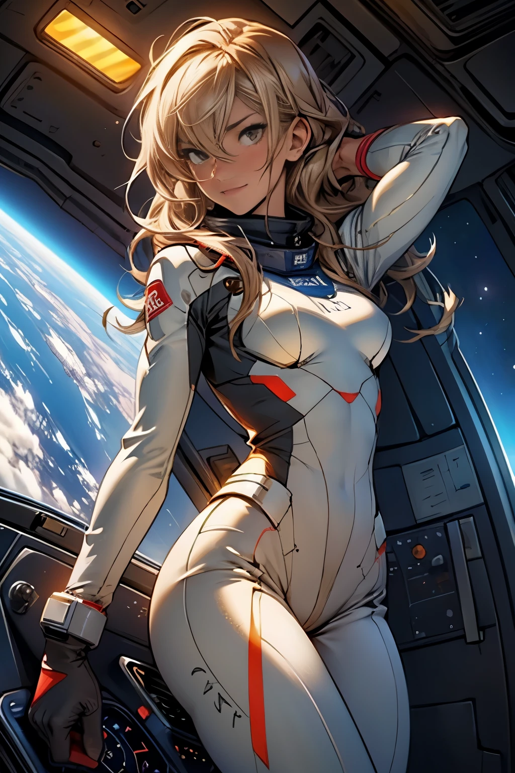 sandy hair muscular large breasts thick thighs pilot suit solo looking at viewer in space long hair blushing angry