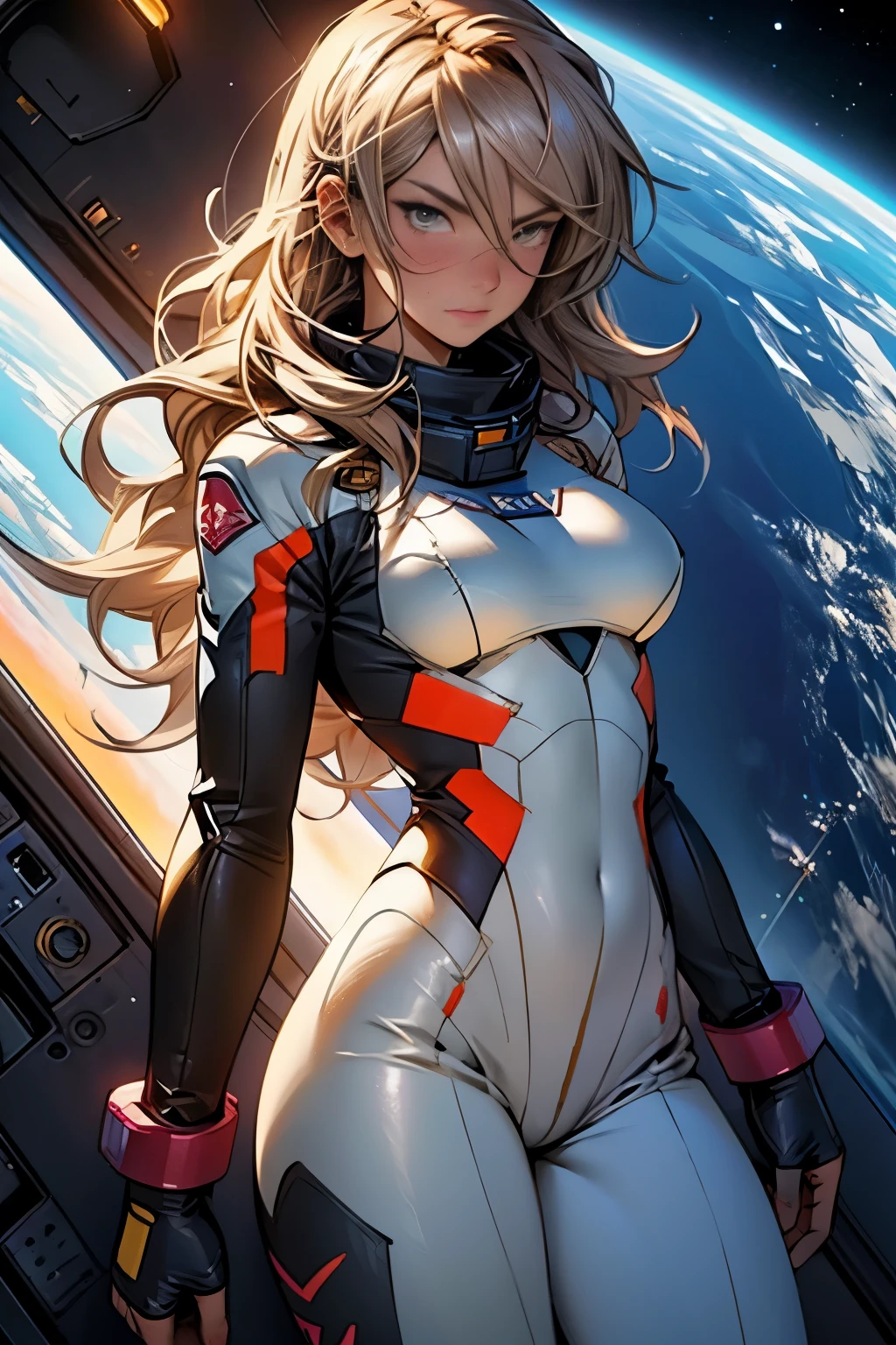 sandy hair fit body large breasts slender thighs slender waist pilot suit solo looking at viewer in space long hair blushing determination