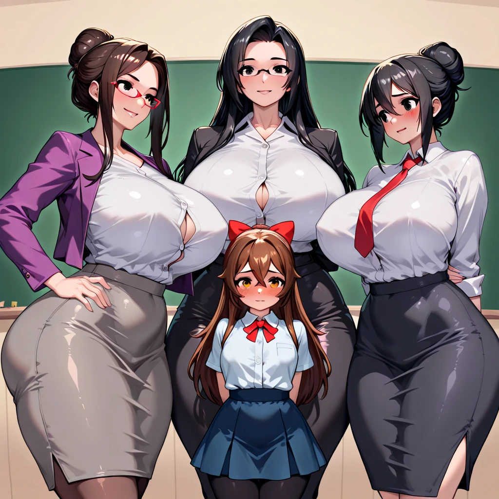 three extremely fat women, huge bust, 300 pounds, shirt and tie, black pants, massive stomach, lovehandles, smiling, bbw, plus size woman, belt, obese, wearing glasses, hugging, hand on shoulder, sitting, wearing baseball cap