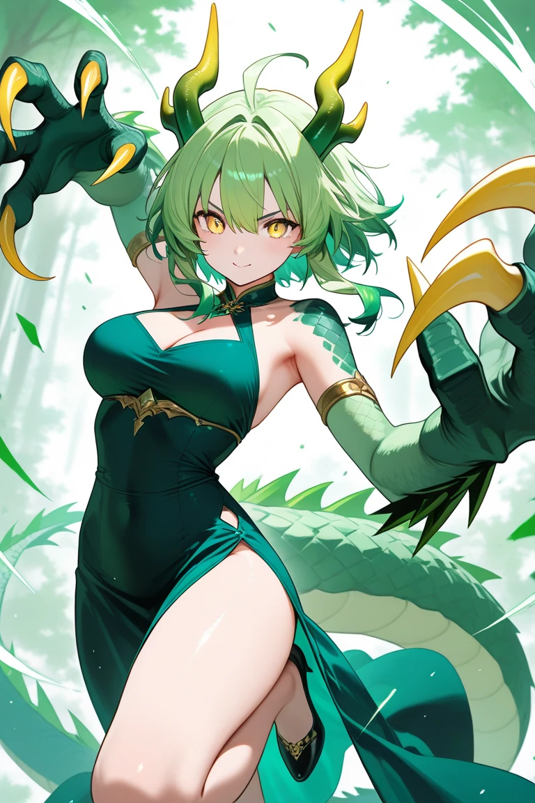 master-piece,hyper quality, hyper detailed,perfect drawing,1 beautiful girl, snake scale pattern bikini armor, snake tail, snake scale legs, snake scale arm, snake scale fingers, hunter's eyes aiming at prey, blue-green hair purple mesh hair, Sanpaku eyes, reptile eyes, vertical eyes, sharp claws, sharp fangs, height 188cm, three sizes B70W45H75, Kneeling, kneeling, pow pause