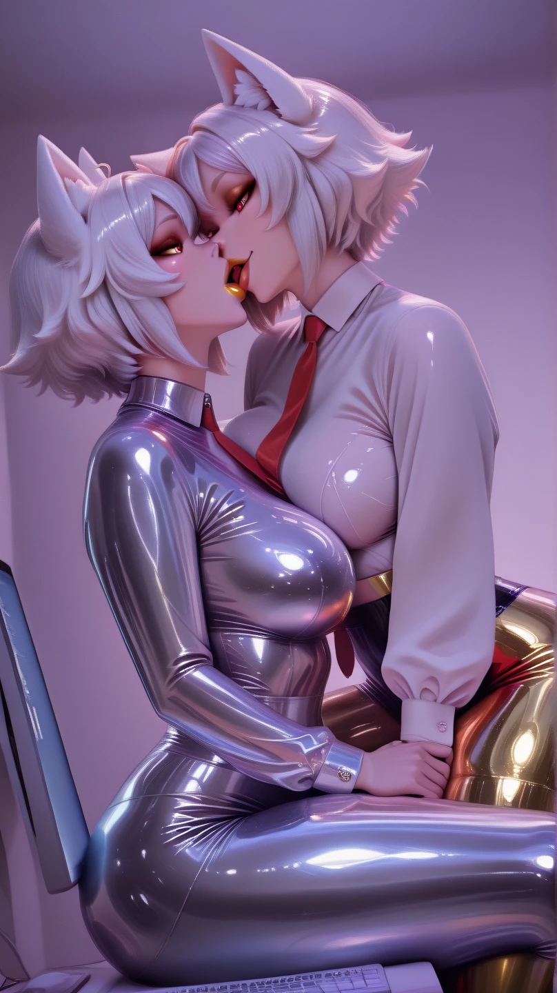 nsfw, (Highest quality, 8k, masterpiece:1.3, 2 people, beautiful girl), cute, dynamism, Detailed face, Detailed skin, Detailed clothing, Detailed eyes, Detailed lips, Detailed tongue, Detailed fingers, Mouth details, High resolution, High resolution, Dynamic pose, Perfect Anatomy, Toned Legs, double eyelid, Tear bags, Round eyes, Moisturized lips, Sweaty, Ecstatic face,(Sheer costumes,(Bunny girl)),(Pink lighting,In the bedroom,At the bed),Half closed eyes, blush, Open your mouth, Sticking out tongue, Tongue kiss, Ahegao, Drooling, Split Color Hair, (Lesbian, Lesbian kiss, lily, 2 people are kissing), (((looking at each other))),(Sexy Kiss, Sexy Kiss), (breast squeeze,grabbing breasts), Grab the groin, Lesbian sex, Leg spread, (Silver Hair, Golden Hair,Long Hair), ((huge breasts,big breasts)), ((orgasm),girl trembling with sexual climax),