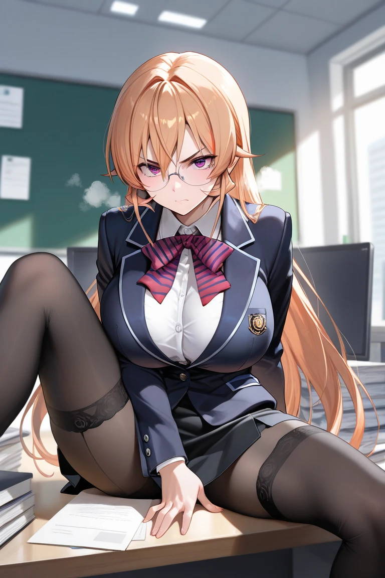 1 woman, curvy, beautiful, sexy, busty, peach hair, long hair, purple eyes, glasses, black blazer, cleavage, short black pencil skirt, black stockings, black high heels, classroom, sitting on table, crossing legs, looking at viewer, cold face, 8k, best quality, very aesthetic, absurdres, newest, intricate details, intricate, (SuperQuality:1.0) ~ (SuperQuality:1.2)