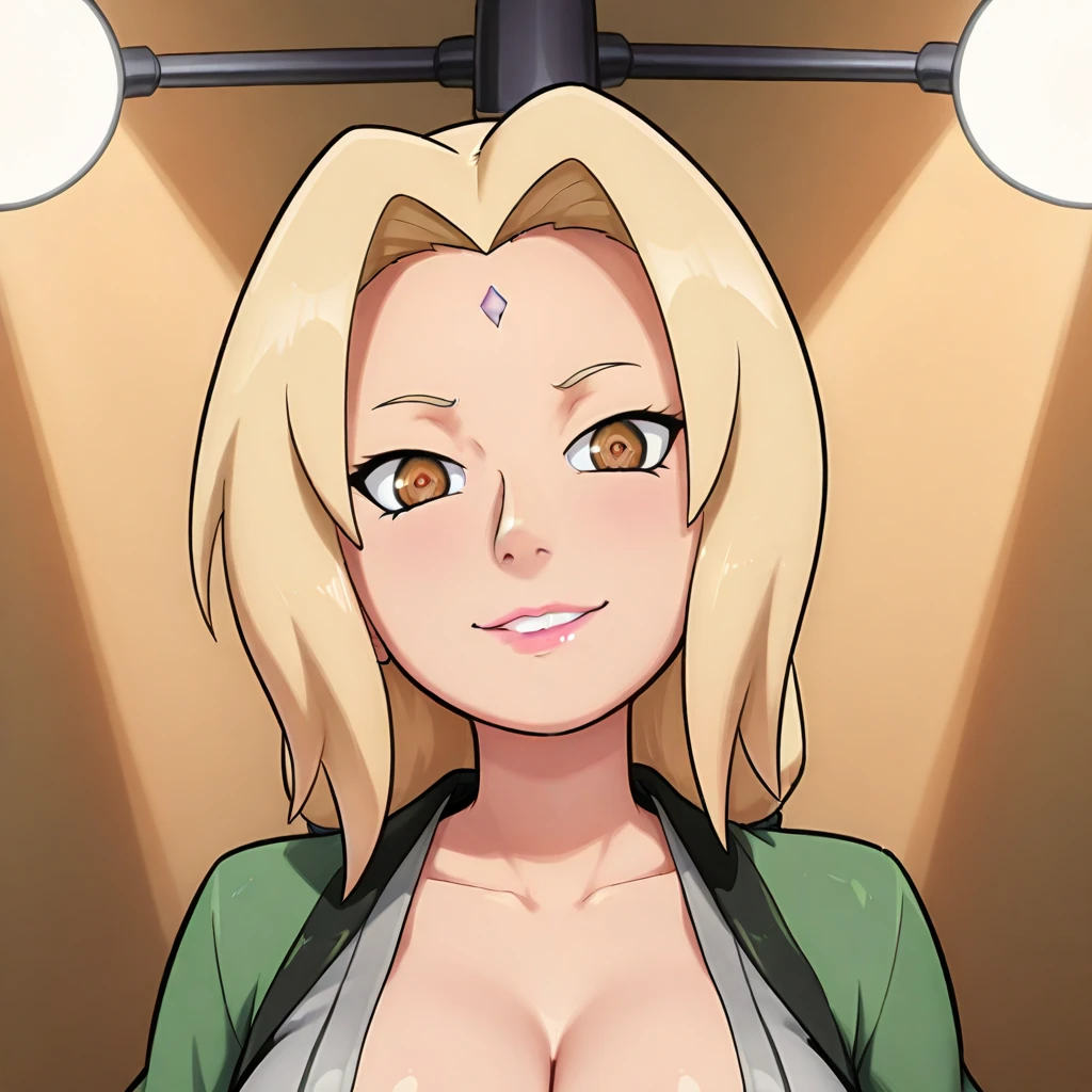 , beautiful, masterpiece, best quality, extremely detailed face, perfect lighting, 1girl, solo, tsunade, brown eyes , blonde hair , forehead mark , 1boy, breasts, penis, paizuri, huge breasts , smile , naked , big dick