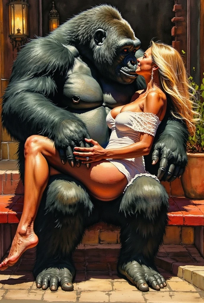 Beautiful blonde victoria secret model kissing big by monster, full body view