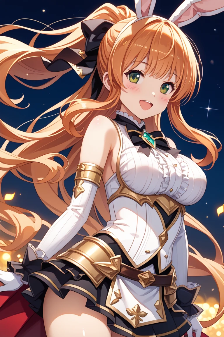 a 1girl、Bright、Orange hair、Star motif、multicoloured hair、Blue eyes、Sareme、Mask on the head、Sidelight、Particles of light、wallpapers、Big Boobs、voluptuous、Idol、Idol costume、Loose fluffy、quiet、smiling smile、Gentle、Clair、A sexy