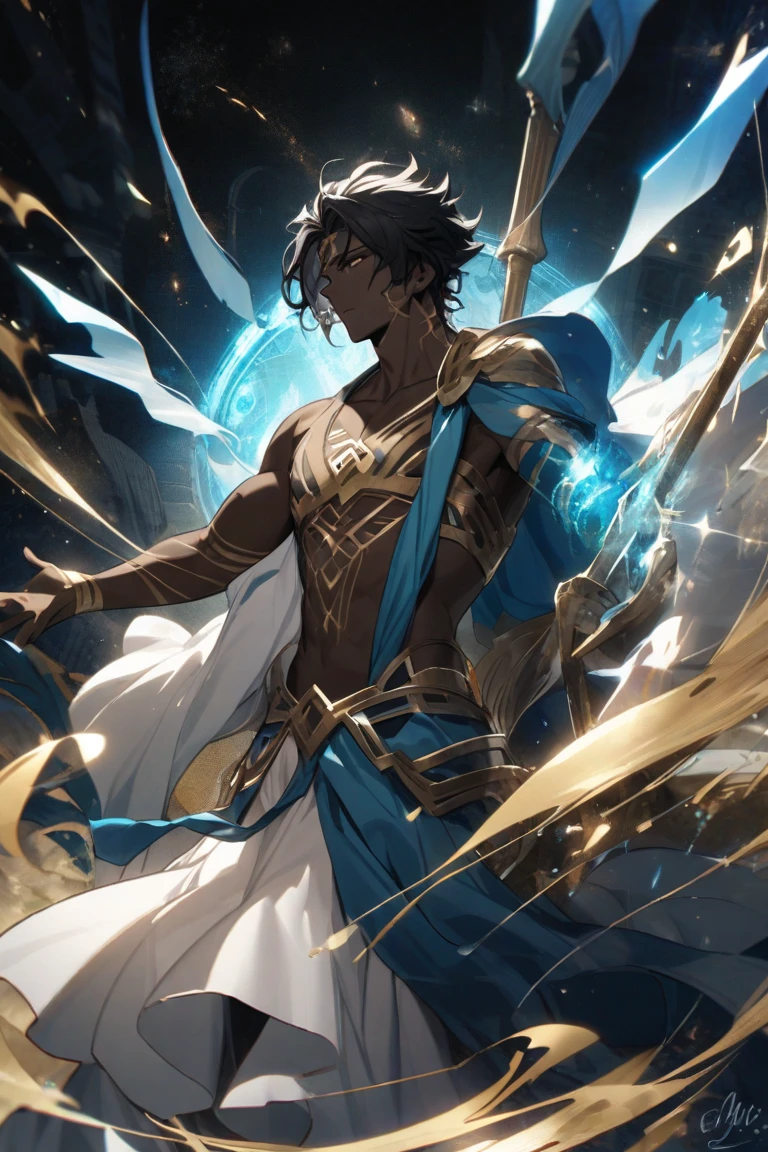 Dark skin, male, feminine, mystical, young, cute, short, short hair, brown eyes, mage, long nails, male