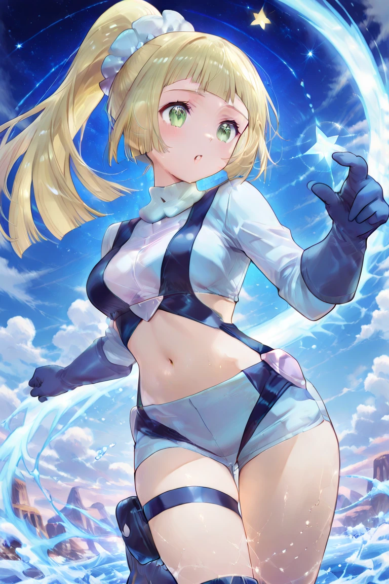 I looked up from my feet to see her wearing a grid girl costume with holes in it.,from below,cameltoe,looking at viewer