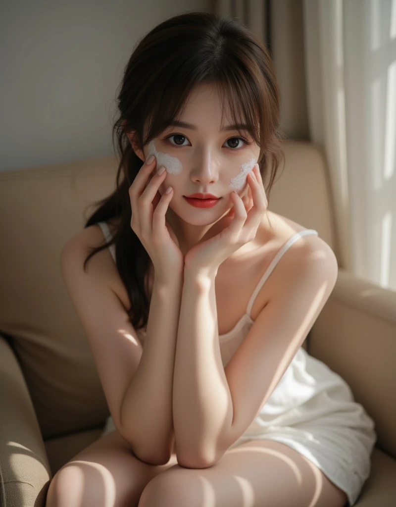 Masterpiece,Ultra-realistic quality,(1 Girl),(people),Chinese girl,(face),Facial Cleansing,Realistic face,(Perfect face),Delicate face,Fair skin,Sitting on the sofa,Long legs,(curled),Short hair,Brown hair,Hands on knees,Suspender,No,(Average breast),(Naked Girls Exposed),,((Minola)),(have),Mini Dress,(white skirt)HD quality,Realistic picture quality,真people,Long legs,Ultra-HD Rendering,Accurate,Textured Skin,High detail texture,High quality,Very detailed,High resolution,8K,photo,Photography,