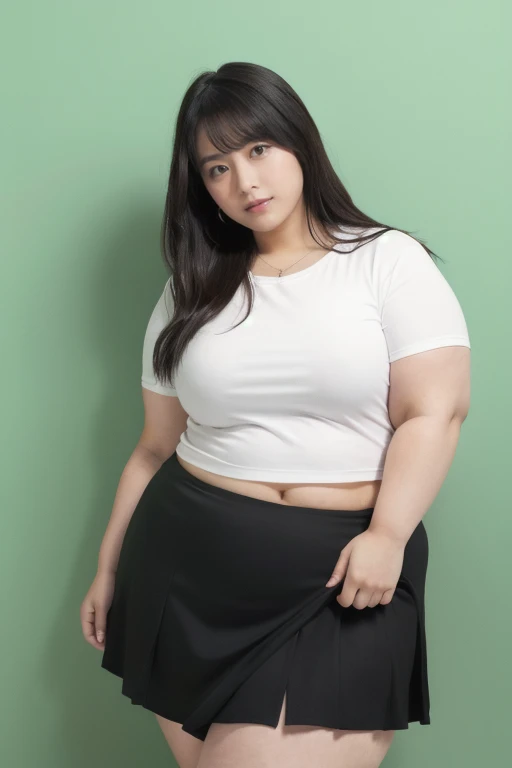 A woman with very large breasts poses for a photo, Chubbyちゃん, chic, tits, Yoshitomo Nara, shikamimi, Chiho, sakimichan, (SFW) Safe at Work, Japanese Goddess, Ayaka cosplay, orange and black, Ayaka, sakimichan hdri、Overweight, Very fat, Chubby,4K, High resolution, masterpiece, Highest quality, Fine skin, Sharp focus, (Cinema Lighting)