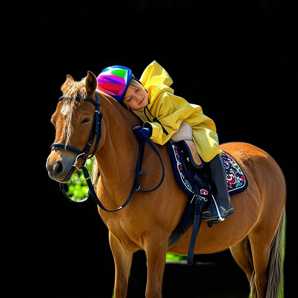 a girl,Chinese girl,Wearing equestrian clothing,There is a pony on the brick road, 👰 🏇 ❌ 🍃,The child pulls the reins,pony, horse riding, horse riding, a handsome guy, Ruan Jia and Brom, with children, horse riding, 🐎🍑。National Geographic Award-winning photos,real